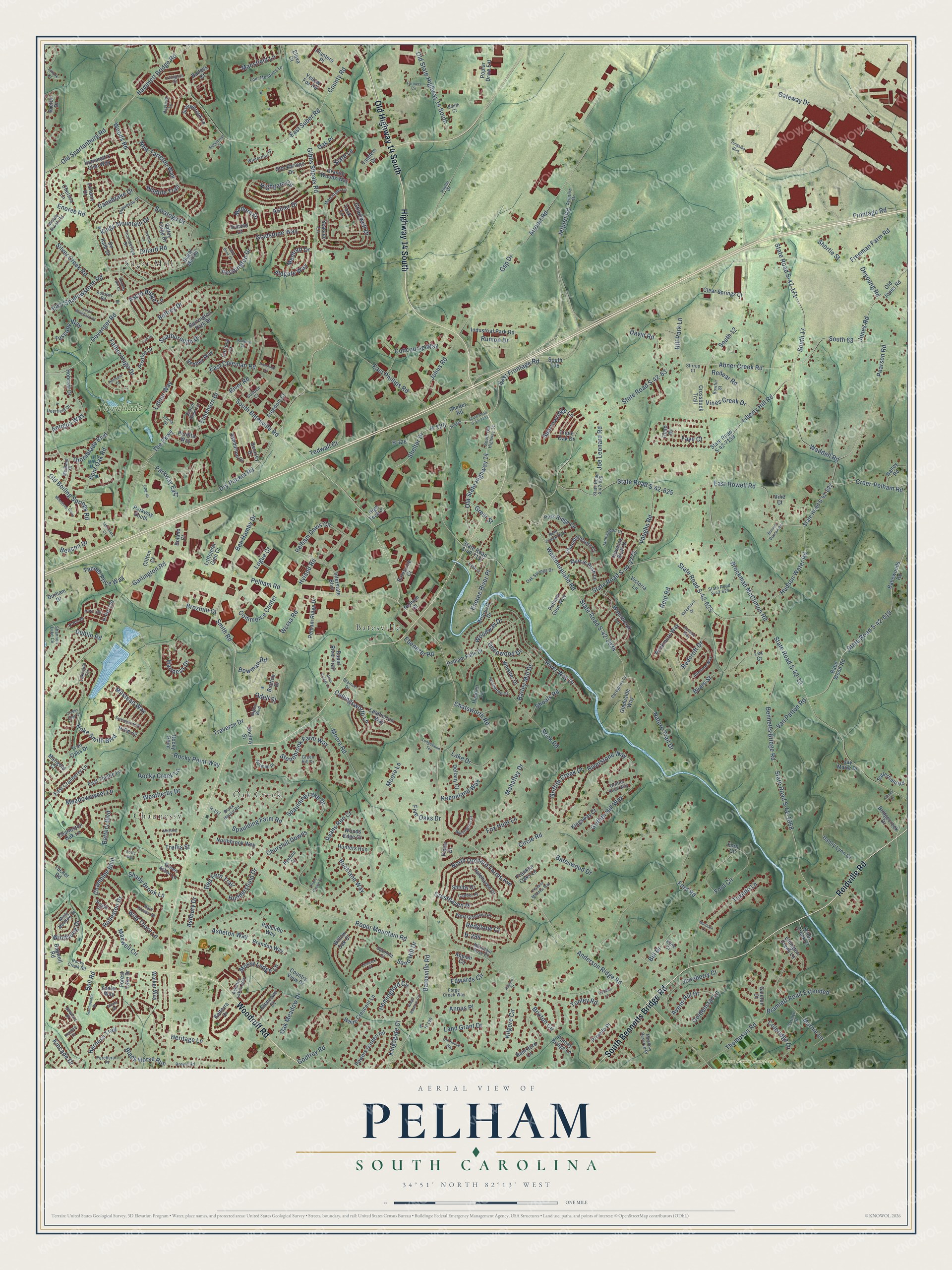 Full map of Pelham, South Carolina, with red buildings, printed street names and the land around them