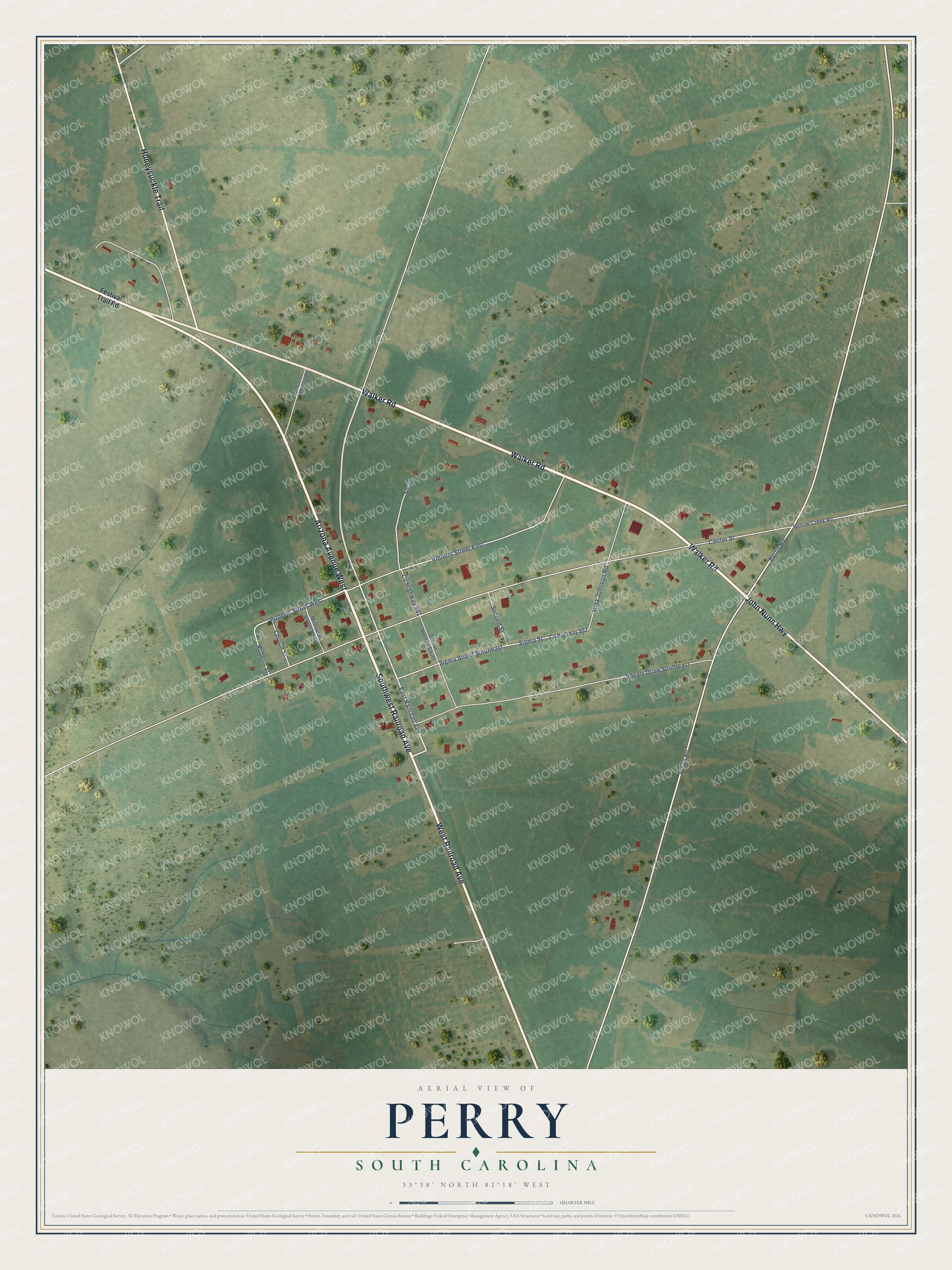 Full map of Perry, South Carolina, with red buildings, printed street names and the land around them