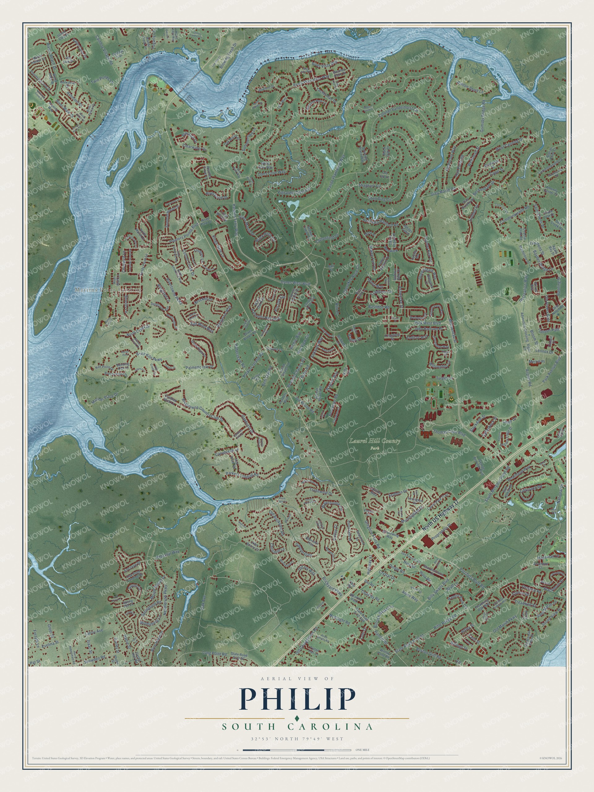 Full map of Philip, South Carolina, with red buildings, printed street names and the land around them