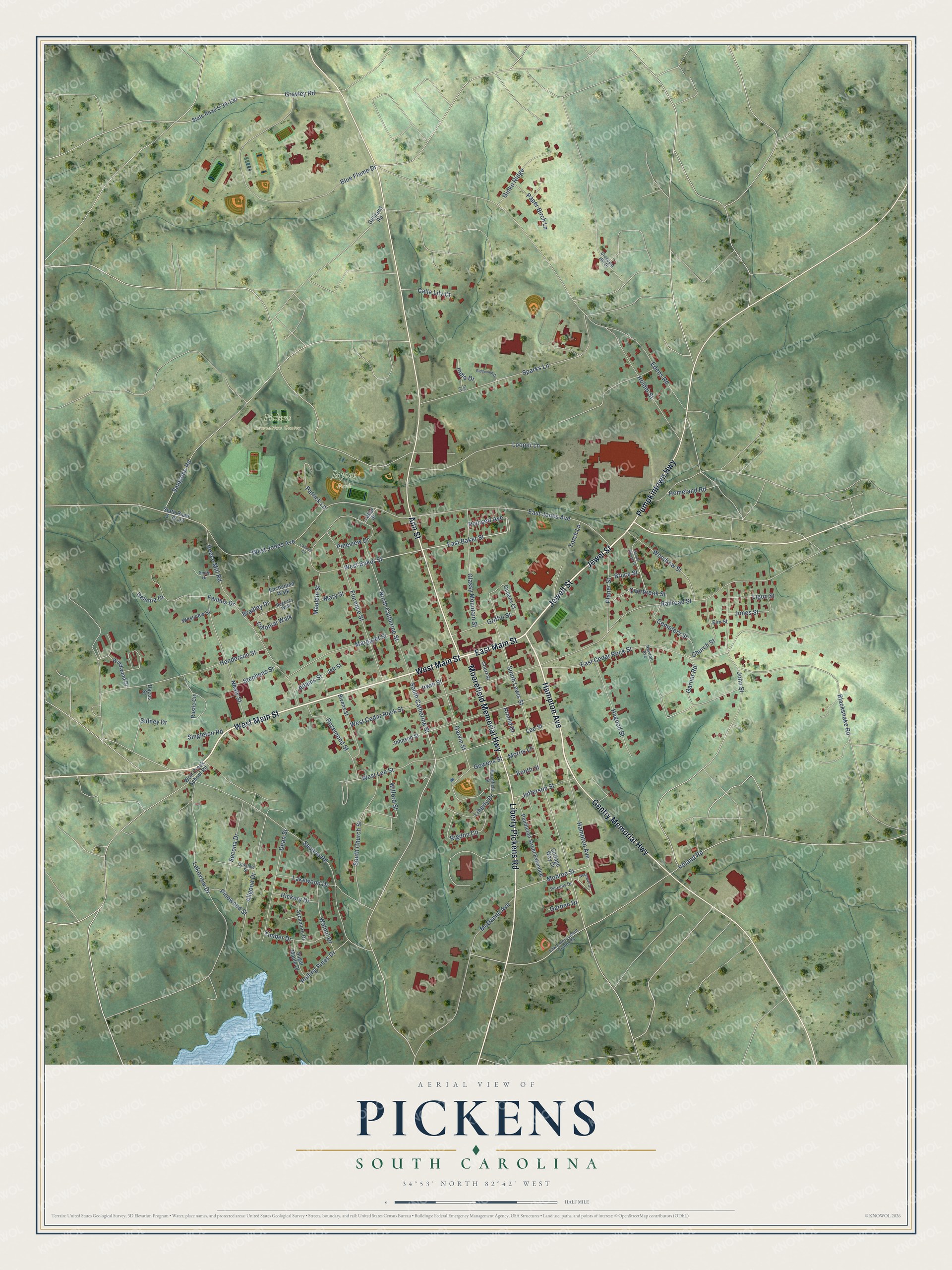 Full map of Pickens, South Carolina, with red buildings, printed street names and the land around them