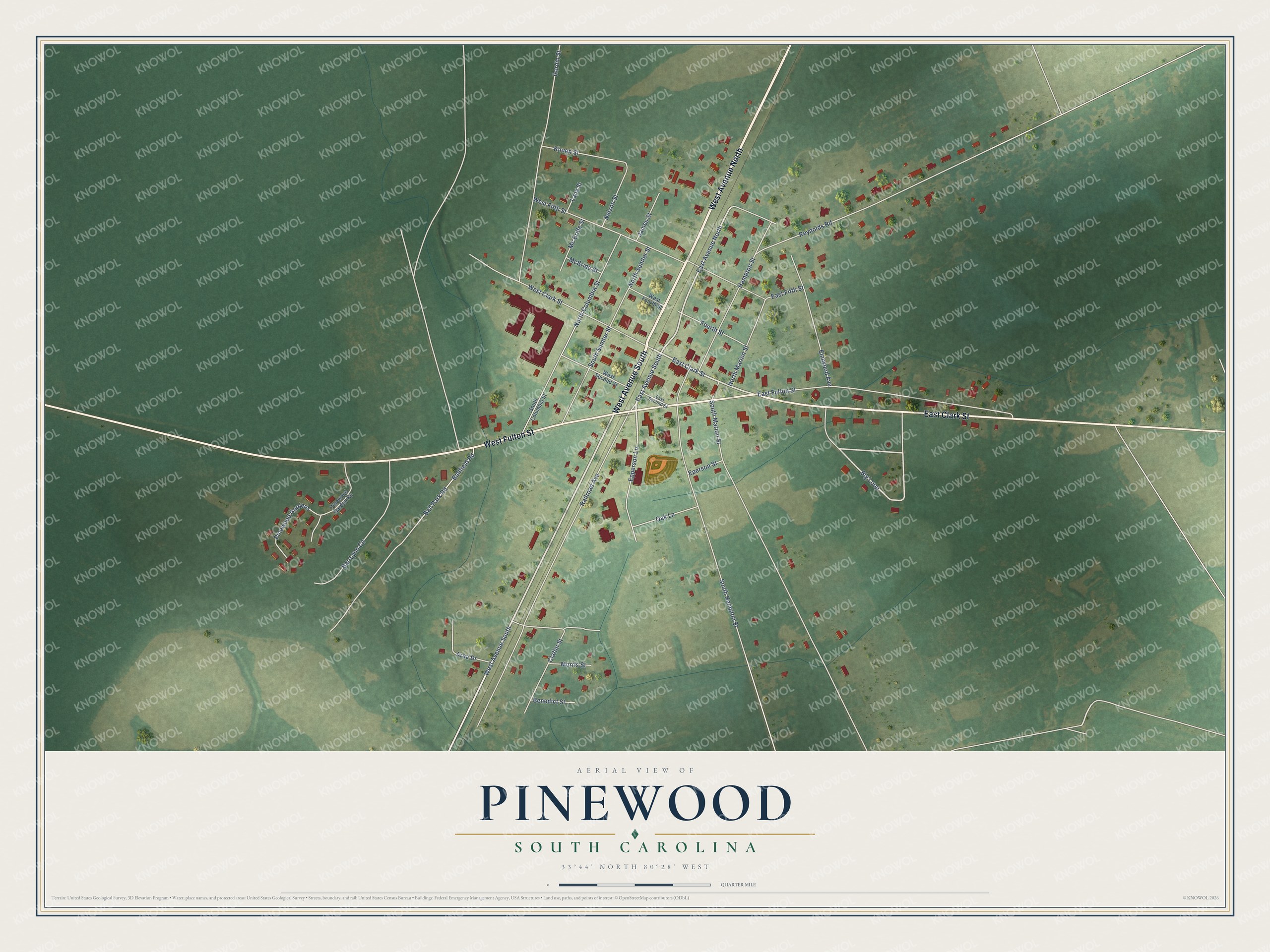Full map of Pinewood, South Carolina, with red buildings, printed street names and the land around them