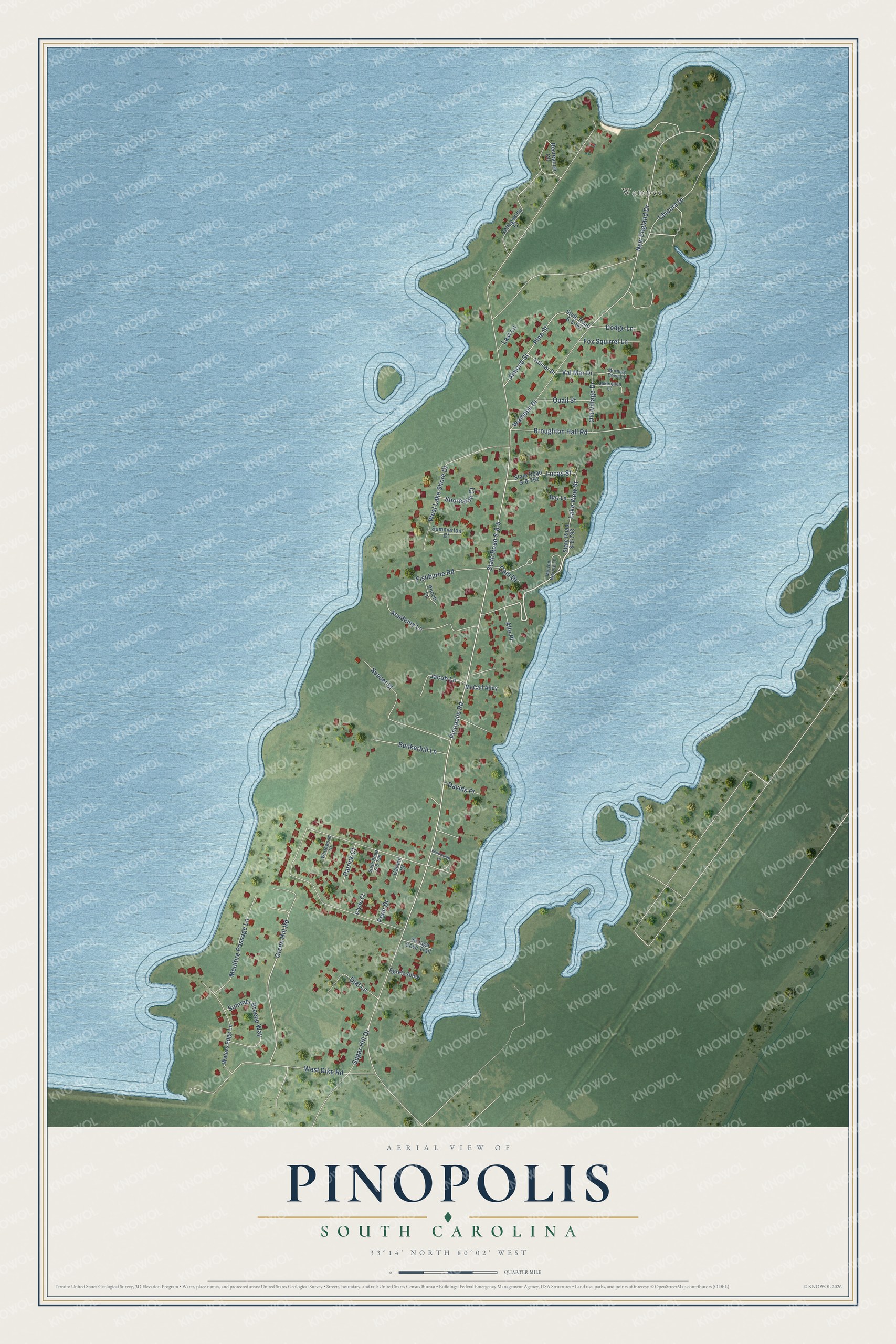Full map of Pinopolis, South Carolina, with red buildings, printed street names and the land around them