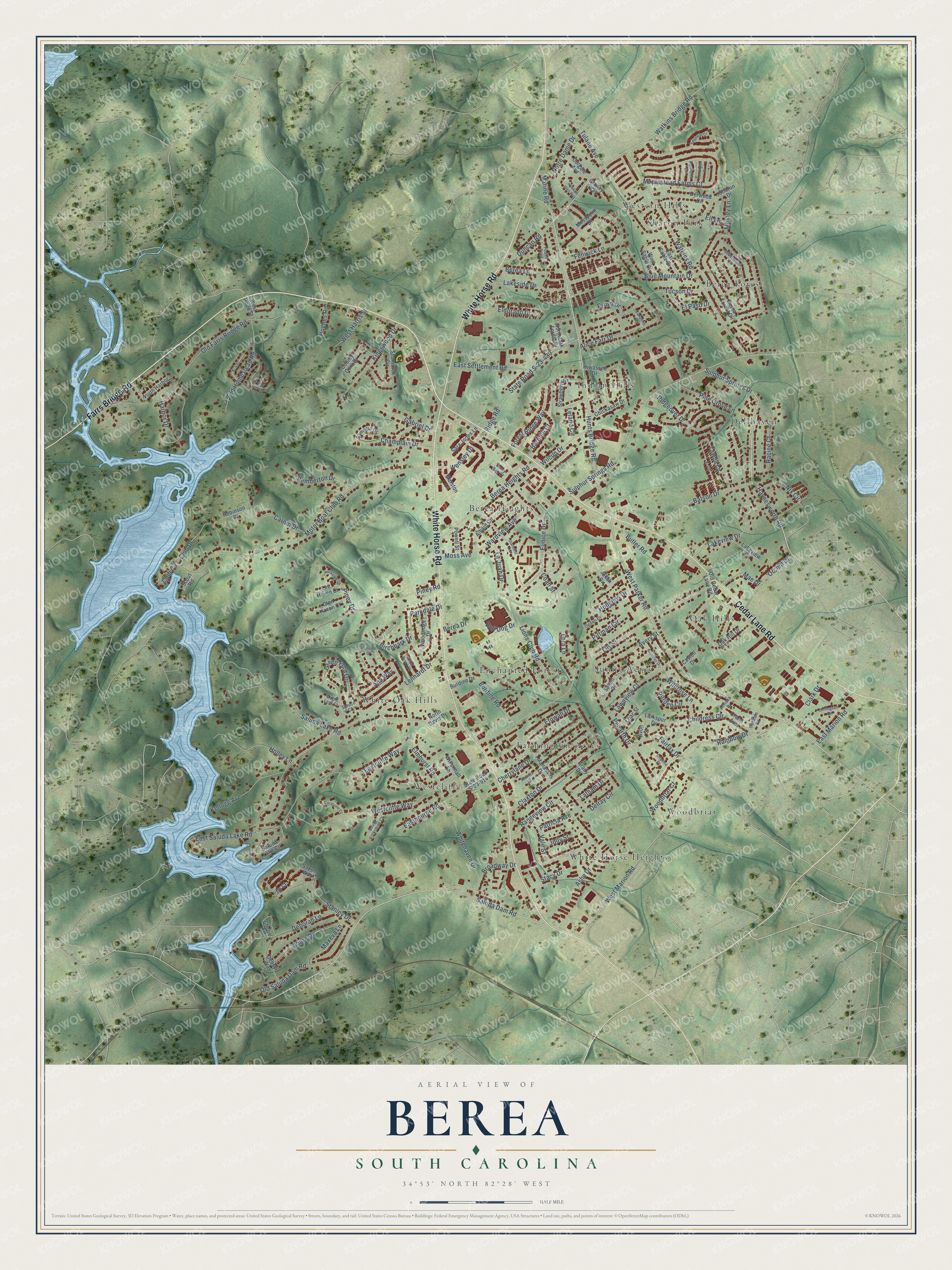 Full map of Berea, South Carolina, with red buildings, printed street names and the land around them