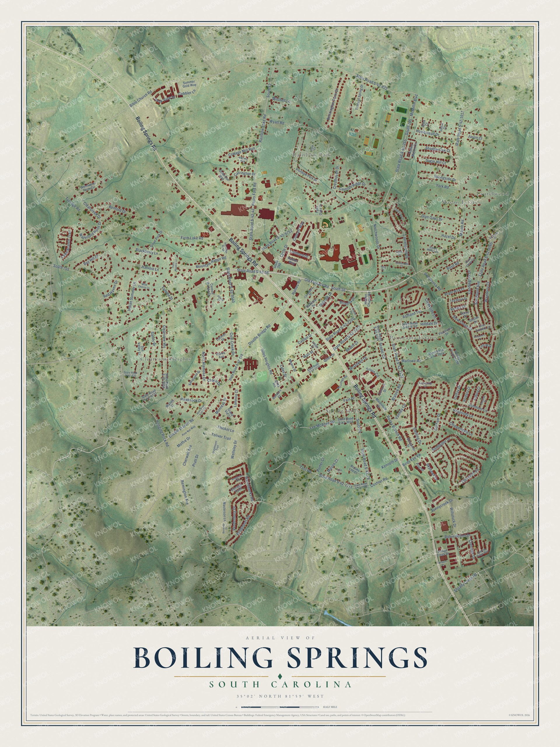 Full map of Boiling Springs, South Carolina, with red buildings, printed street names and the land around them