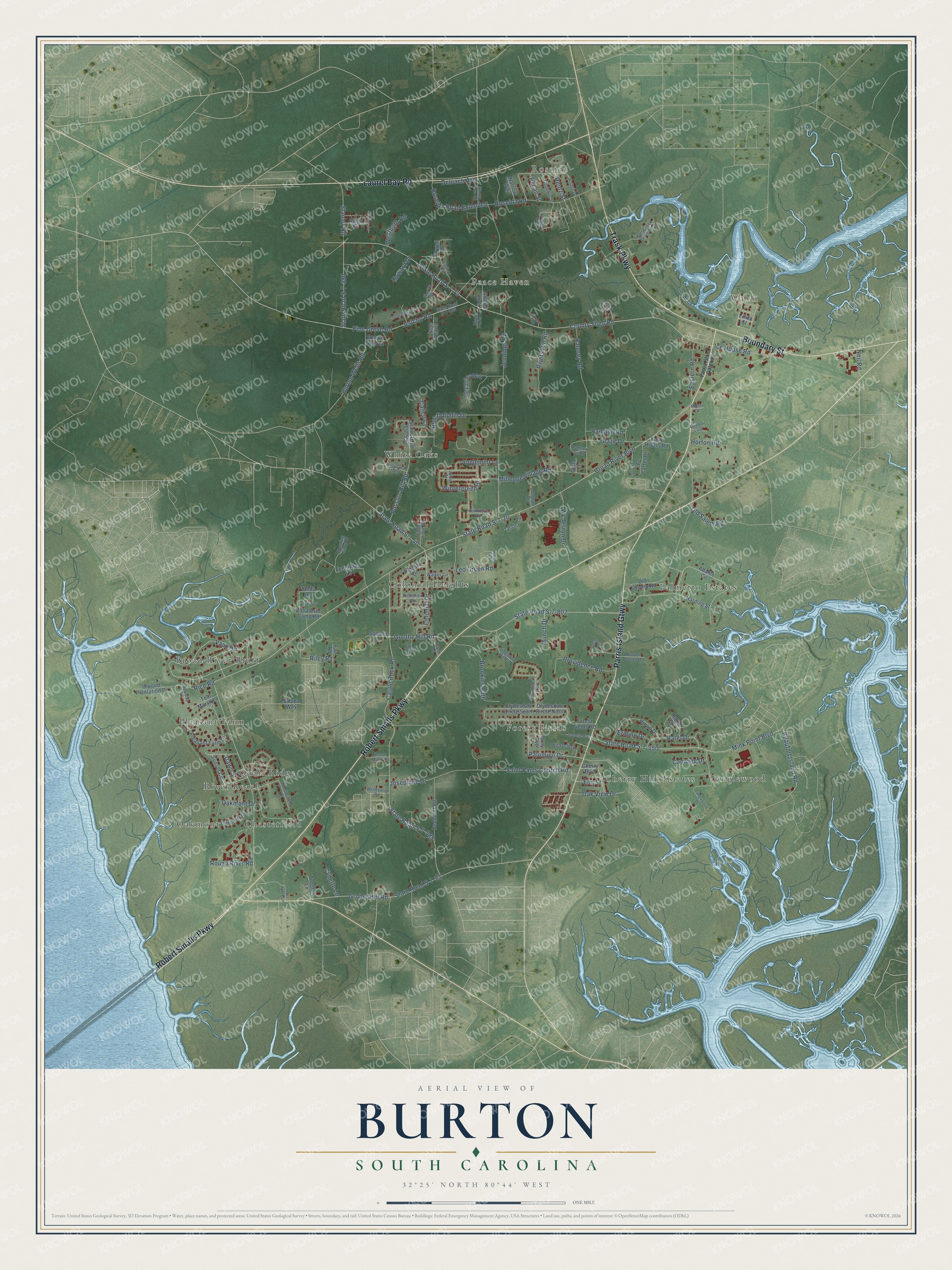 Full map of Burton, South Carolina, with red buildings, printed street names and the land around them