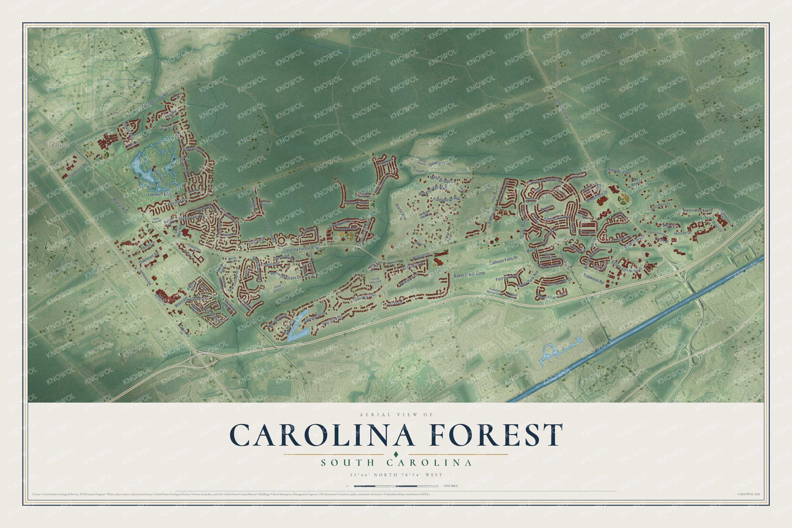 Full map of Carolina Forest, South Carolina, with red buildings, printed street names and the land around them
