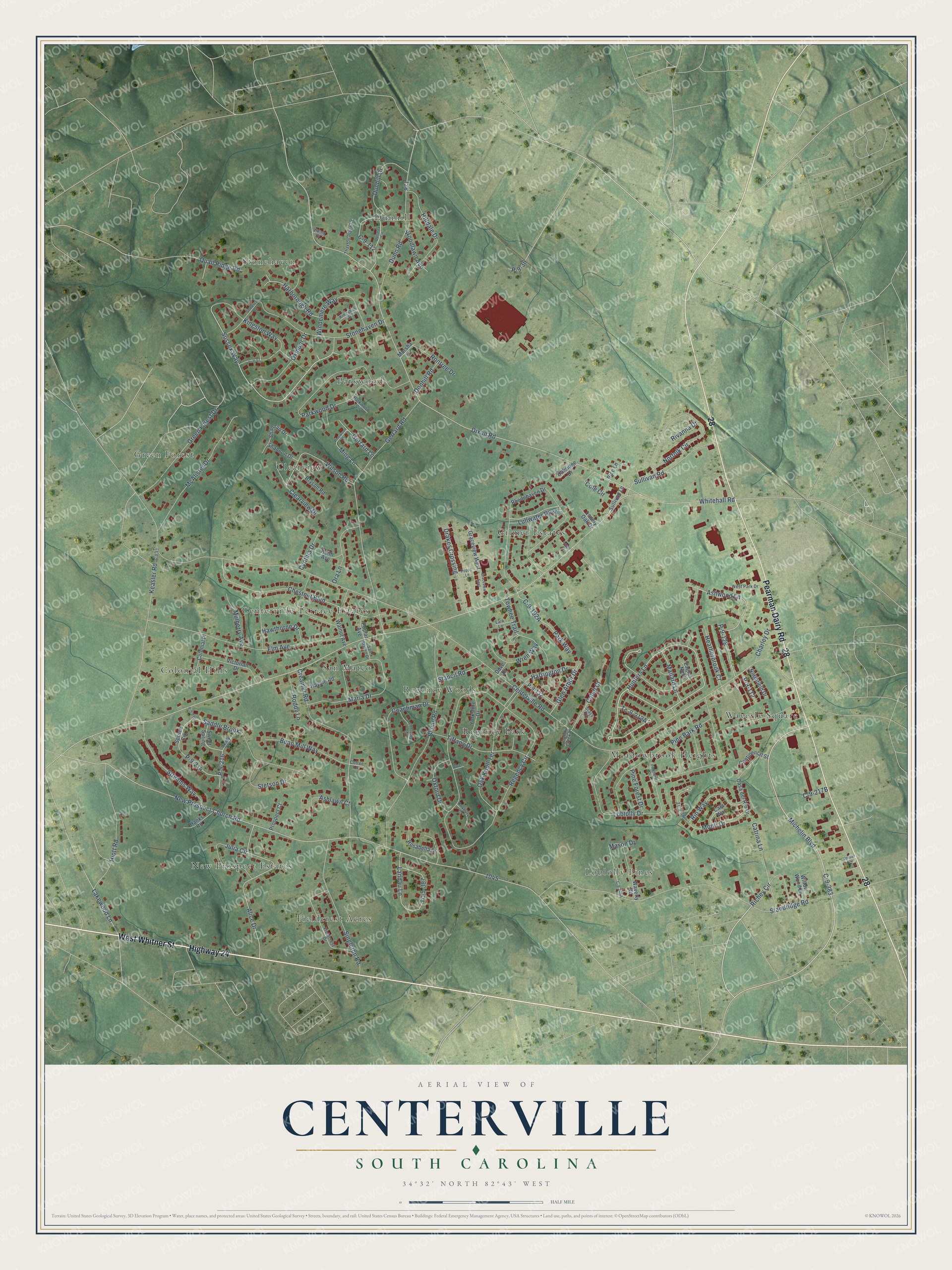 Full map of Centerville, South Carolina, with red buildings, printed street names and the land around them