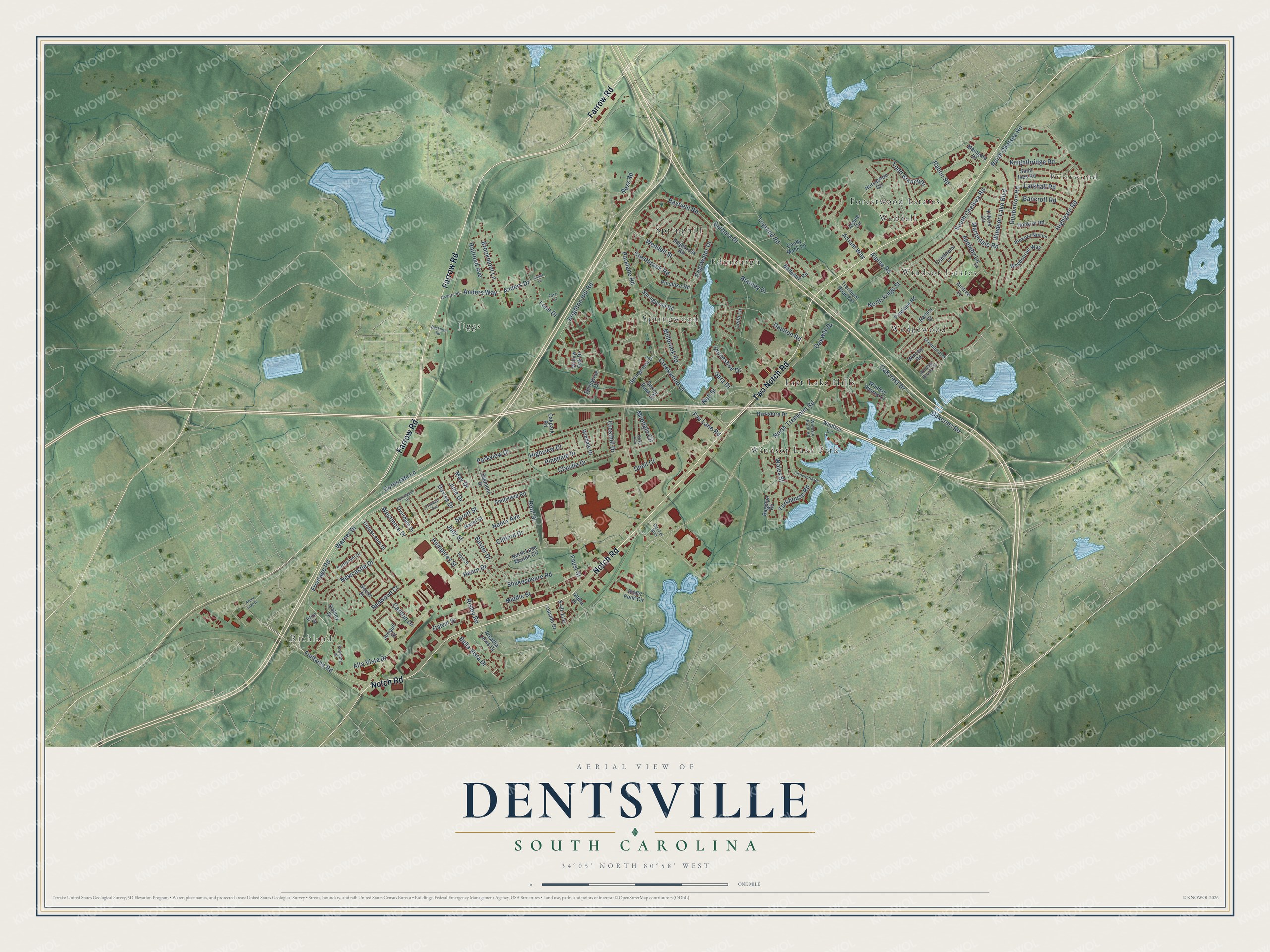 Full map of Dentsville, South Carolina, with red buildings, printed street names and the land around them