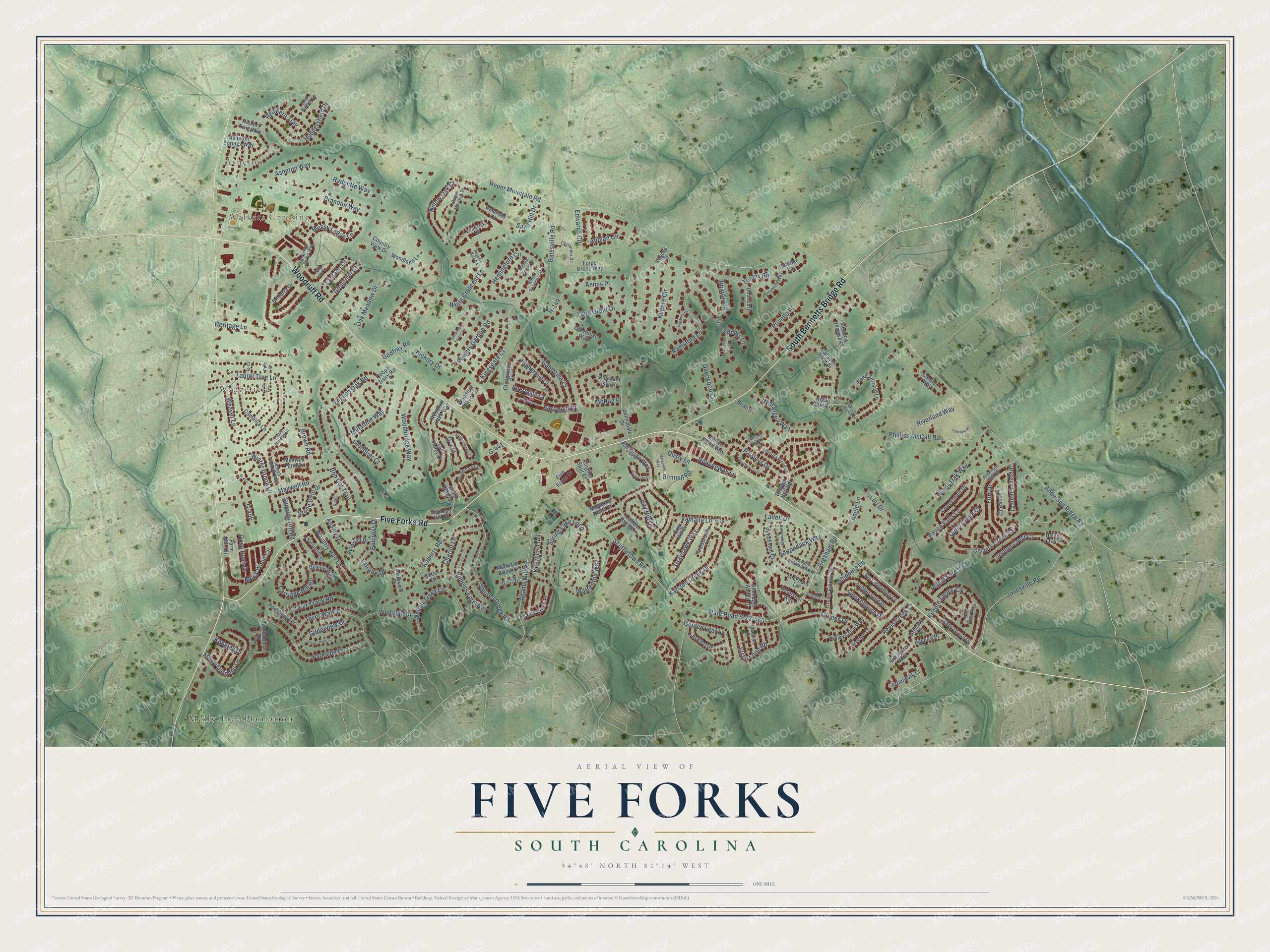 Full map of Five Forks, South Carolina, with red buildings, printed street names and the land around them