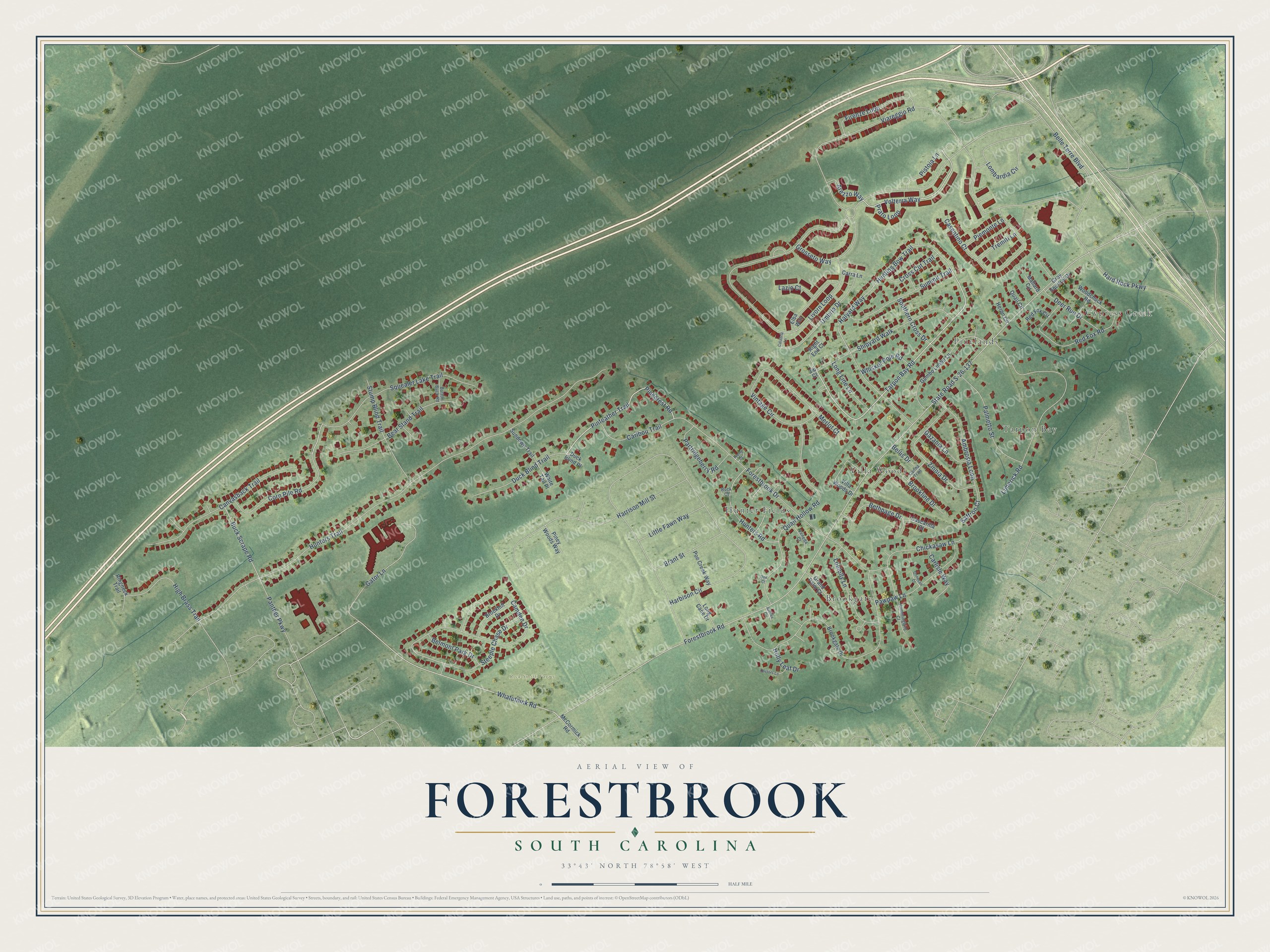Full map of Forestbrook, South Carolina, with red buildings, printed street names and the land around them