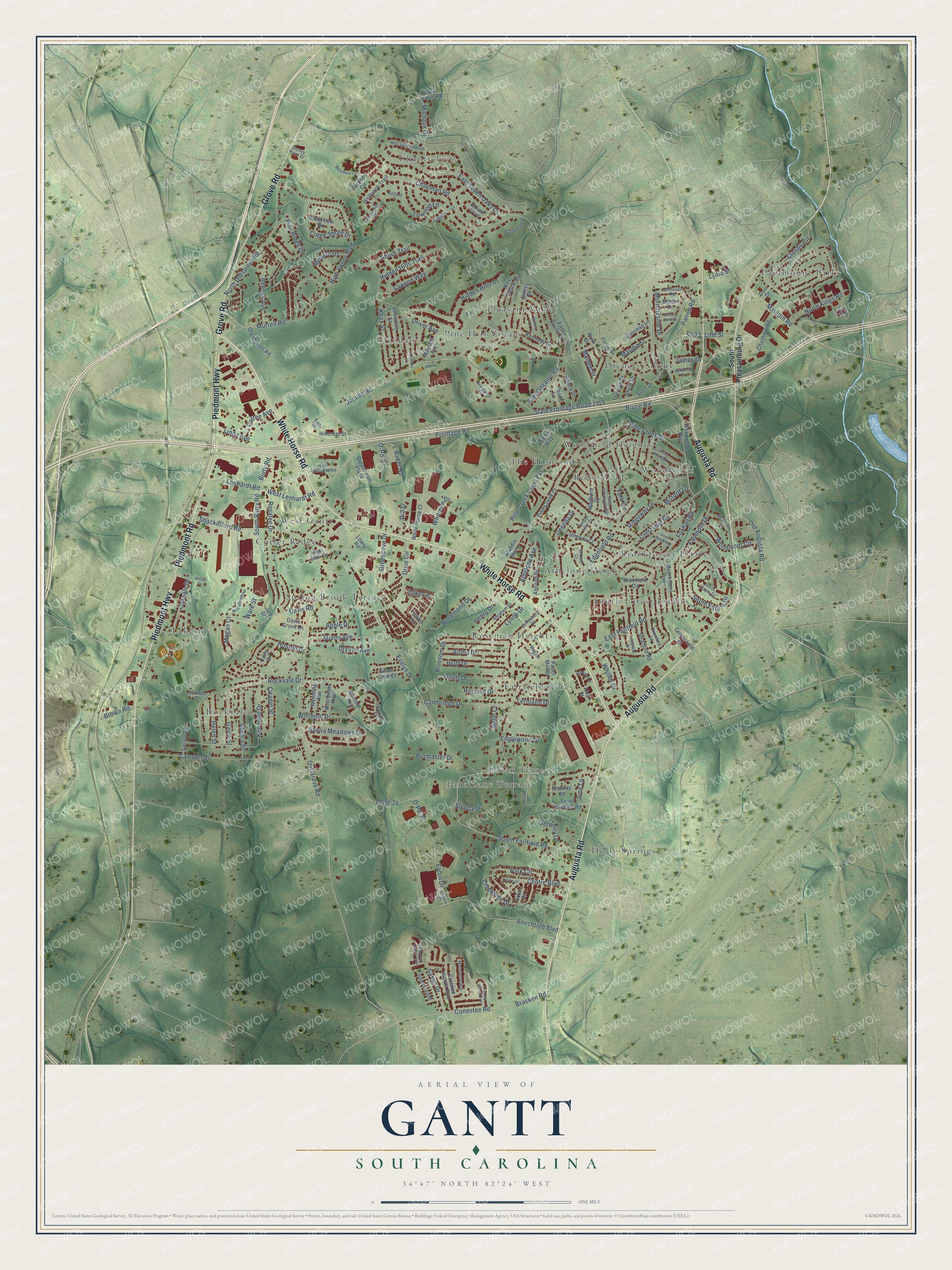 Full map of Gantt, South Carolina, with red buildings, printed street names and the land around them