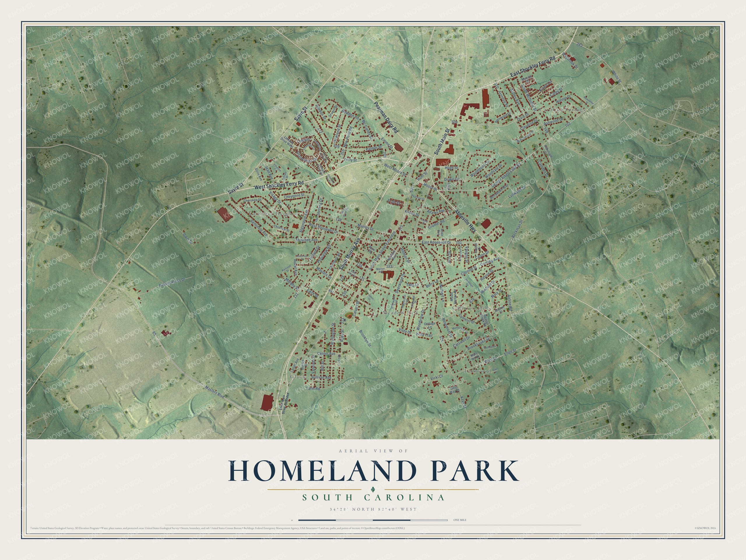 Full map of Homeland Park, South Carolina, with red buildings, printed street names and the land around them