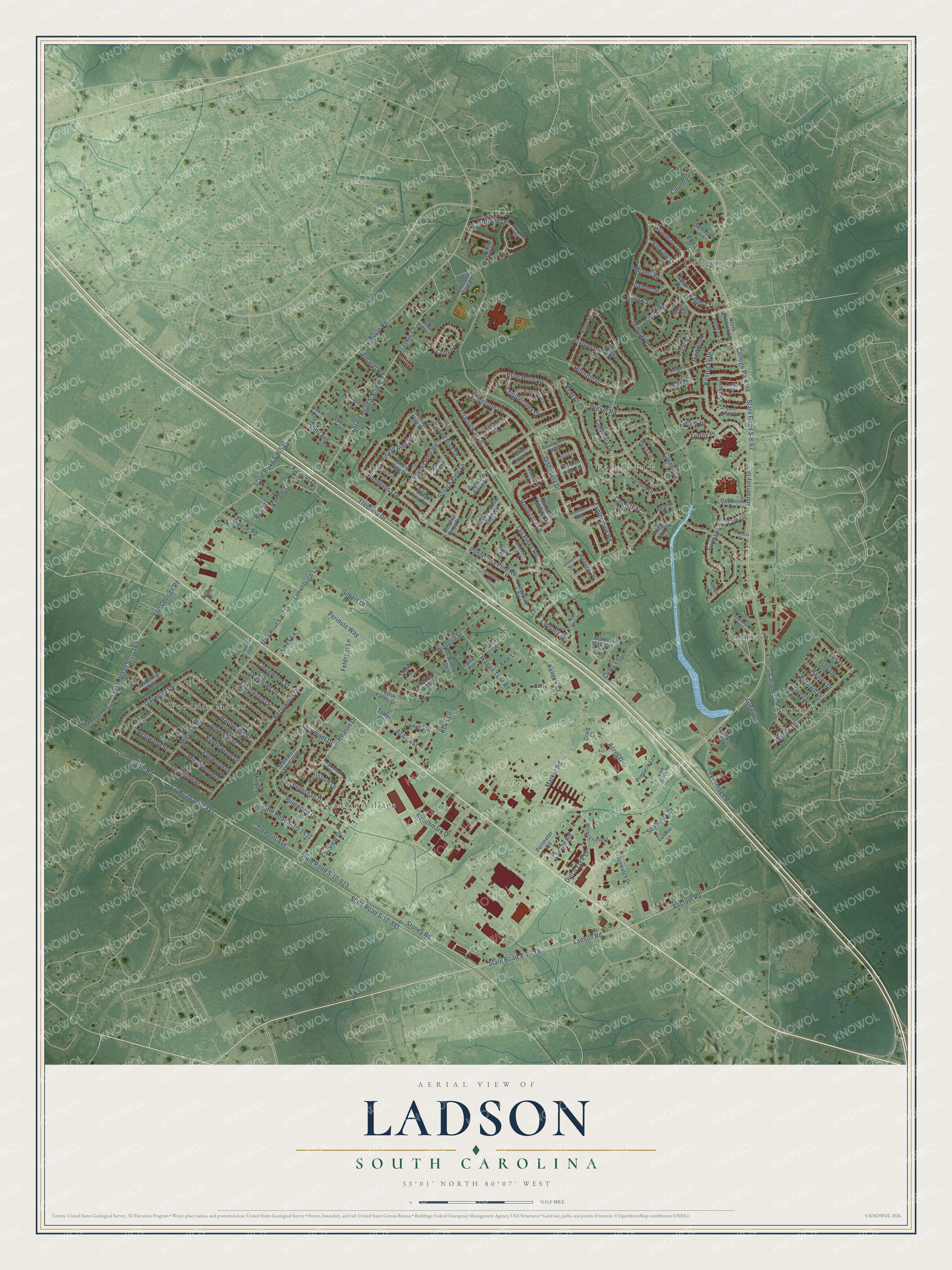 Full map of Ladson, South Carolina, with red buildings, printed street names and the land around them