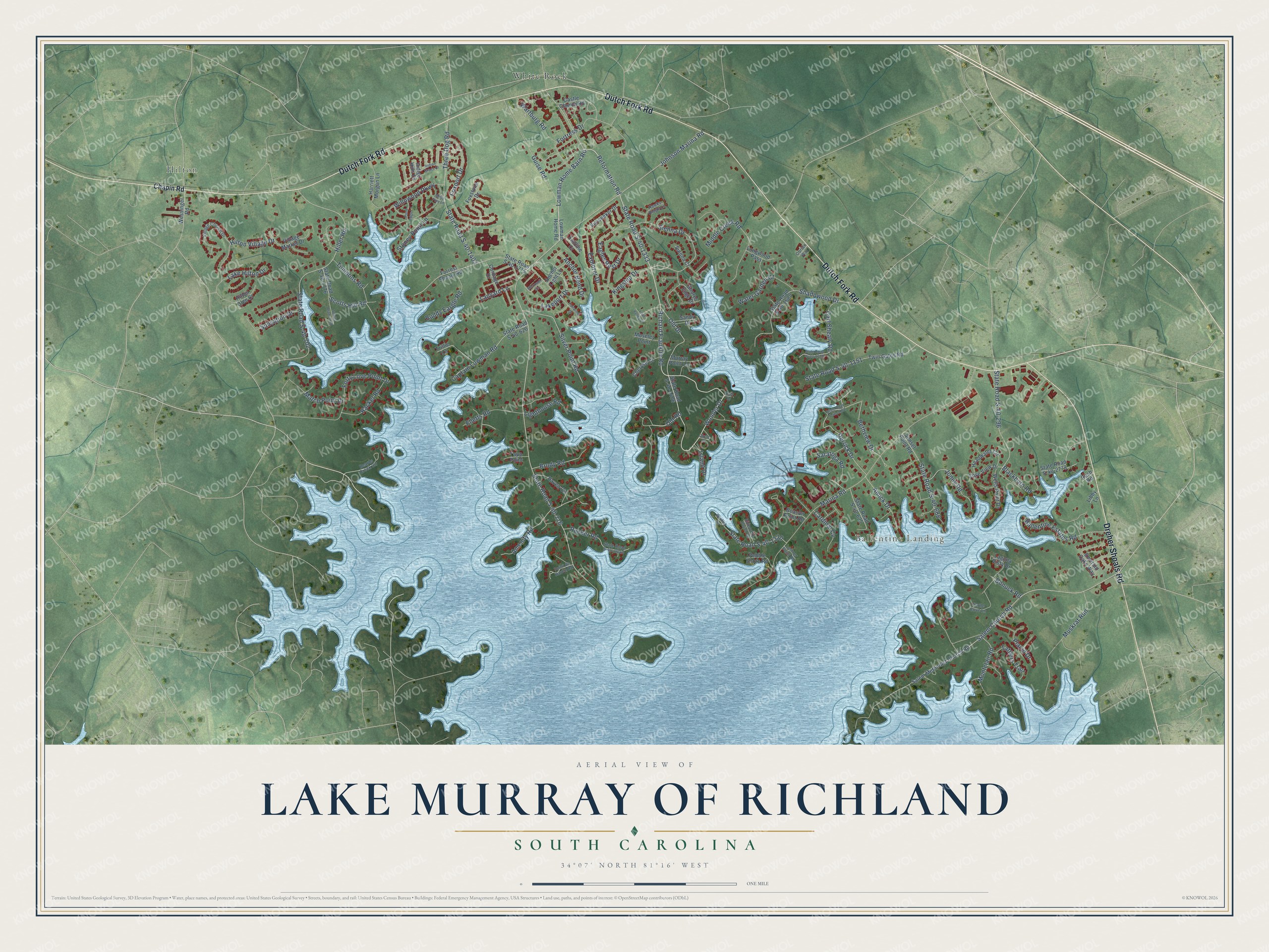 Full map of Lake Murray of Richland, South Carolina, with red buildings, printed street names and the land around them