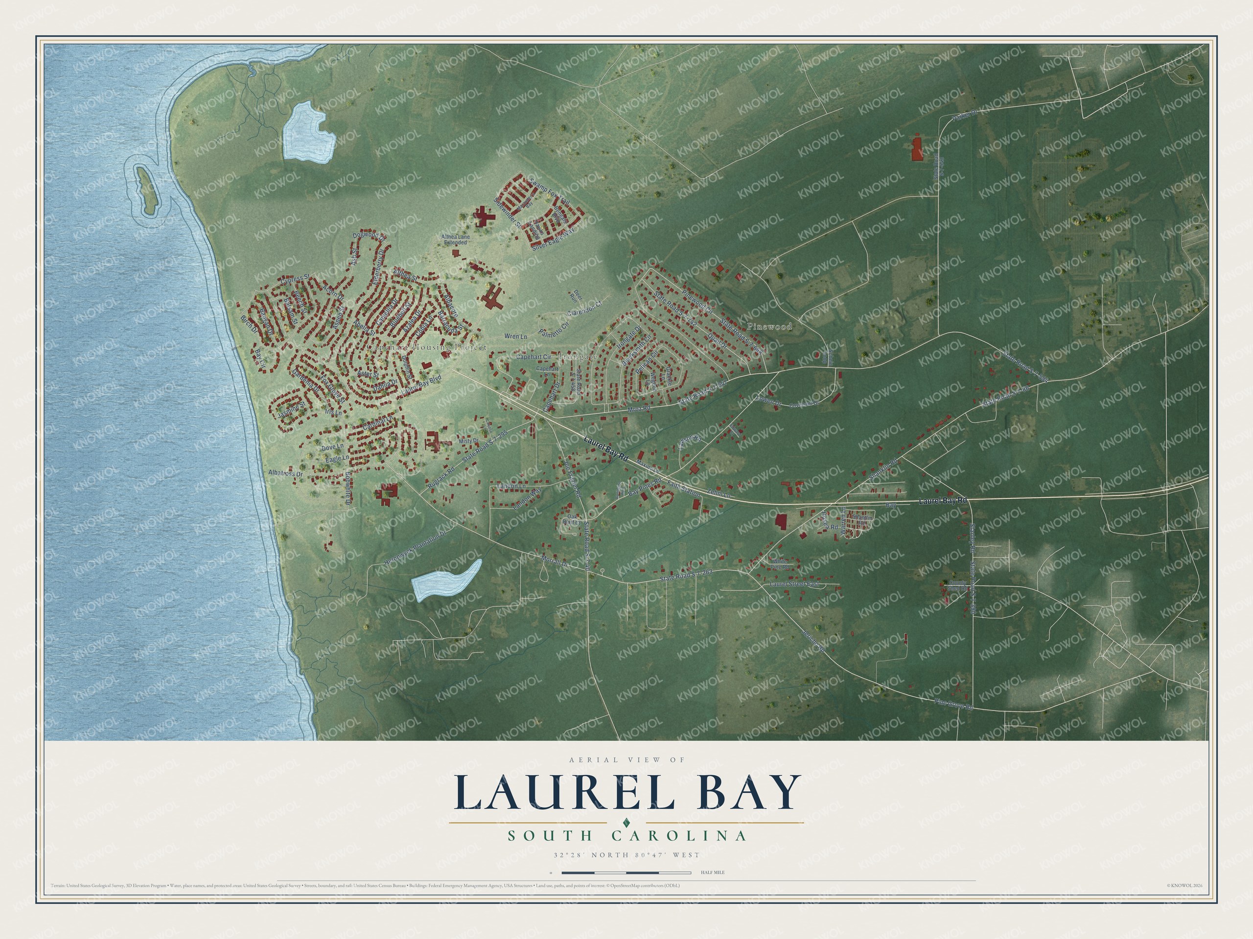 Full map of Laurel Bay, South Carolina, with red buildings, printed street names and the land around them