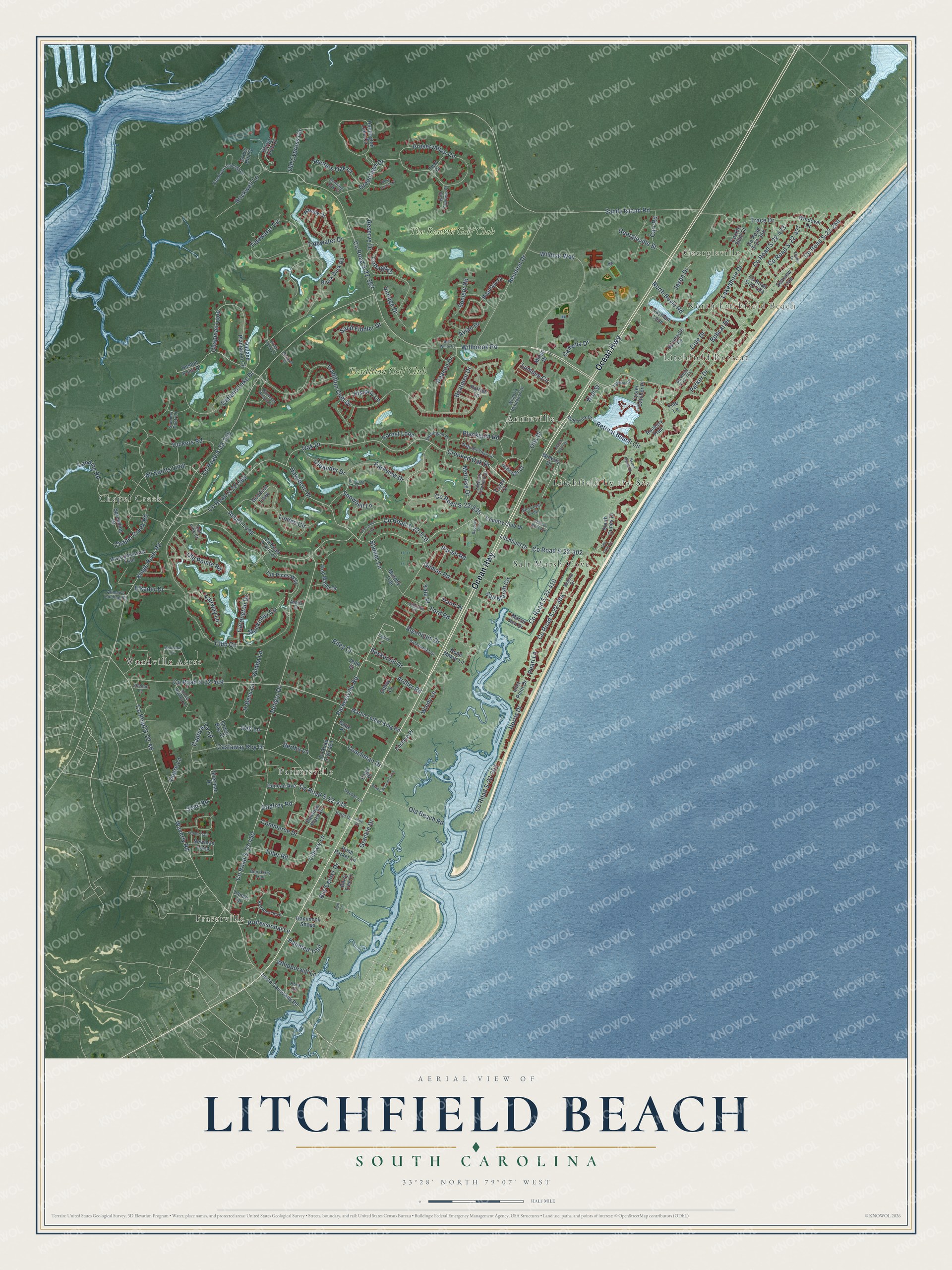 Full map of Litchfield Beach, South Carolina, with red buildings, printed street names and the land around them