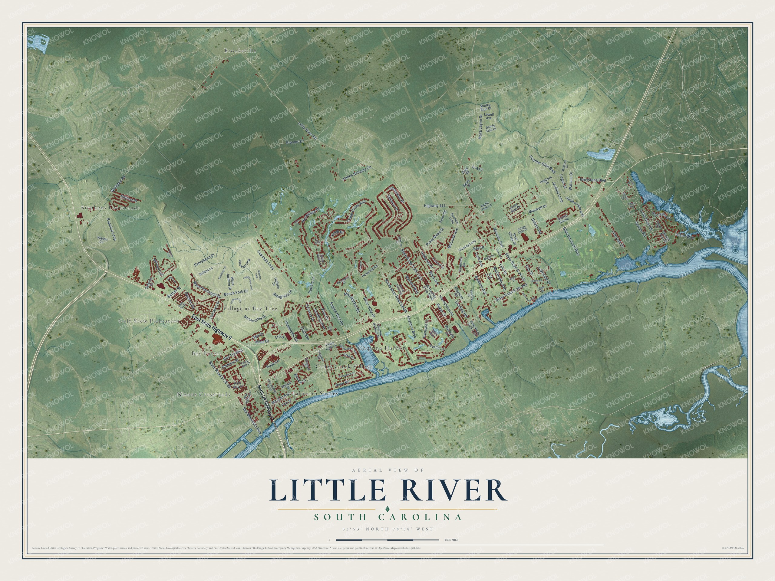 Full map of Little River, South Carolina, with red buildings, printed street names and the land around them