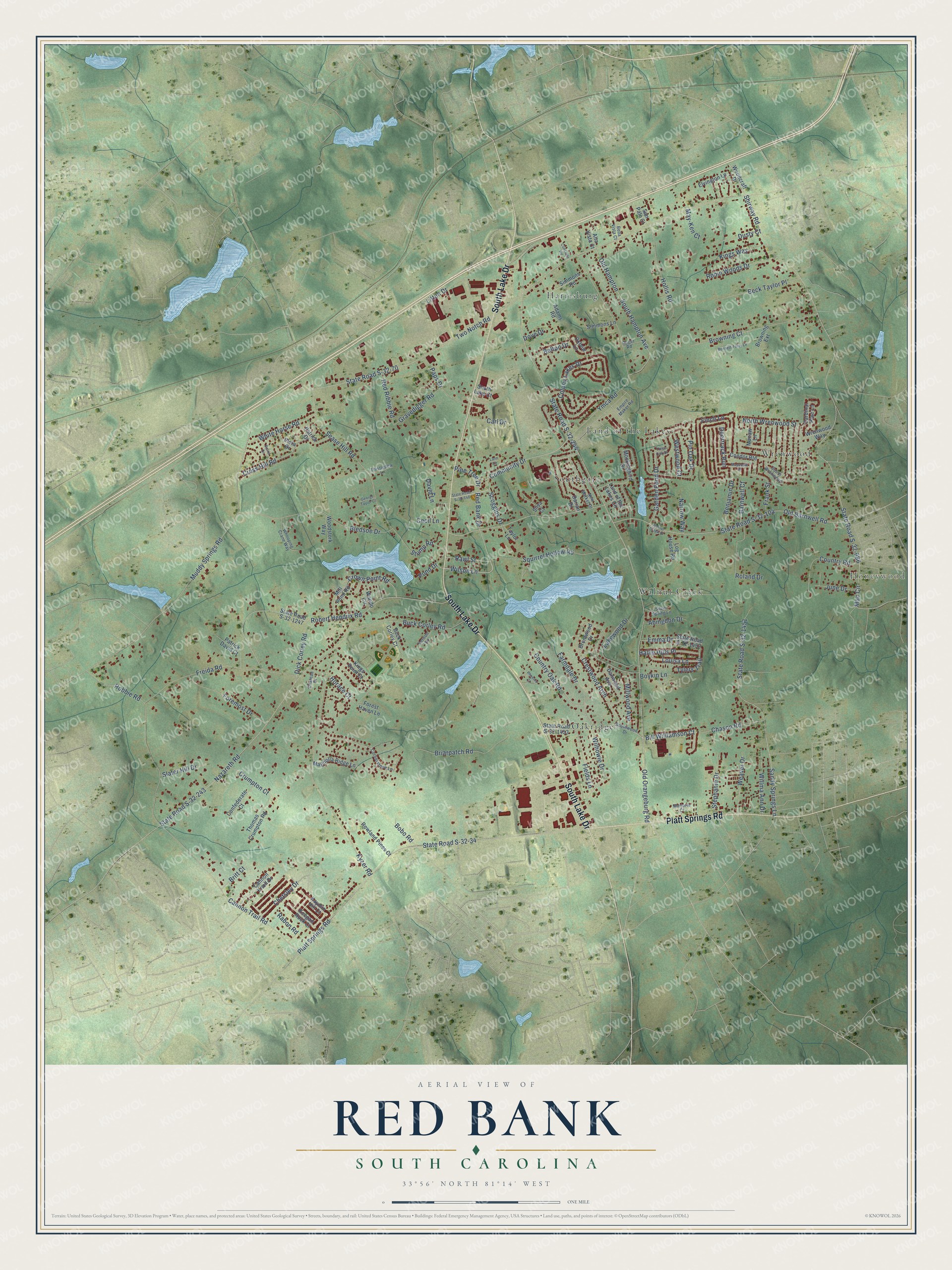 Full map of Red Bank, South Carolina, with red buildings, printed street names and the land around them