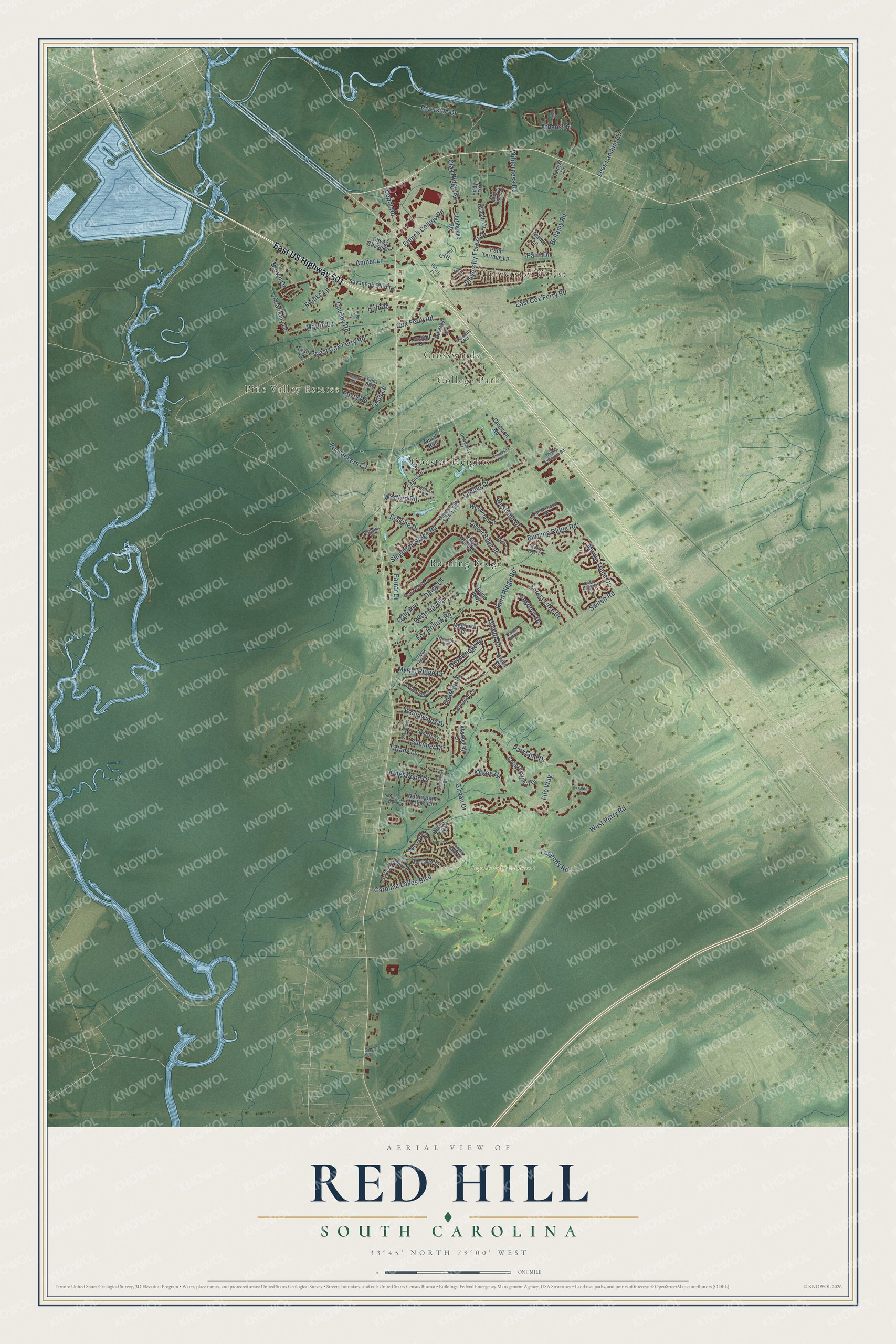 Full map of Red Hill, South Carolina, with red buildings, printed street names and the land around them