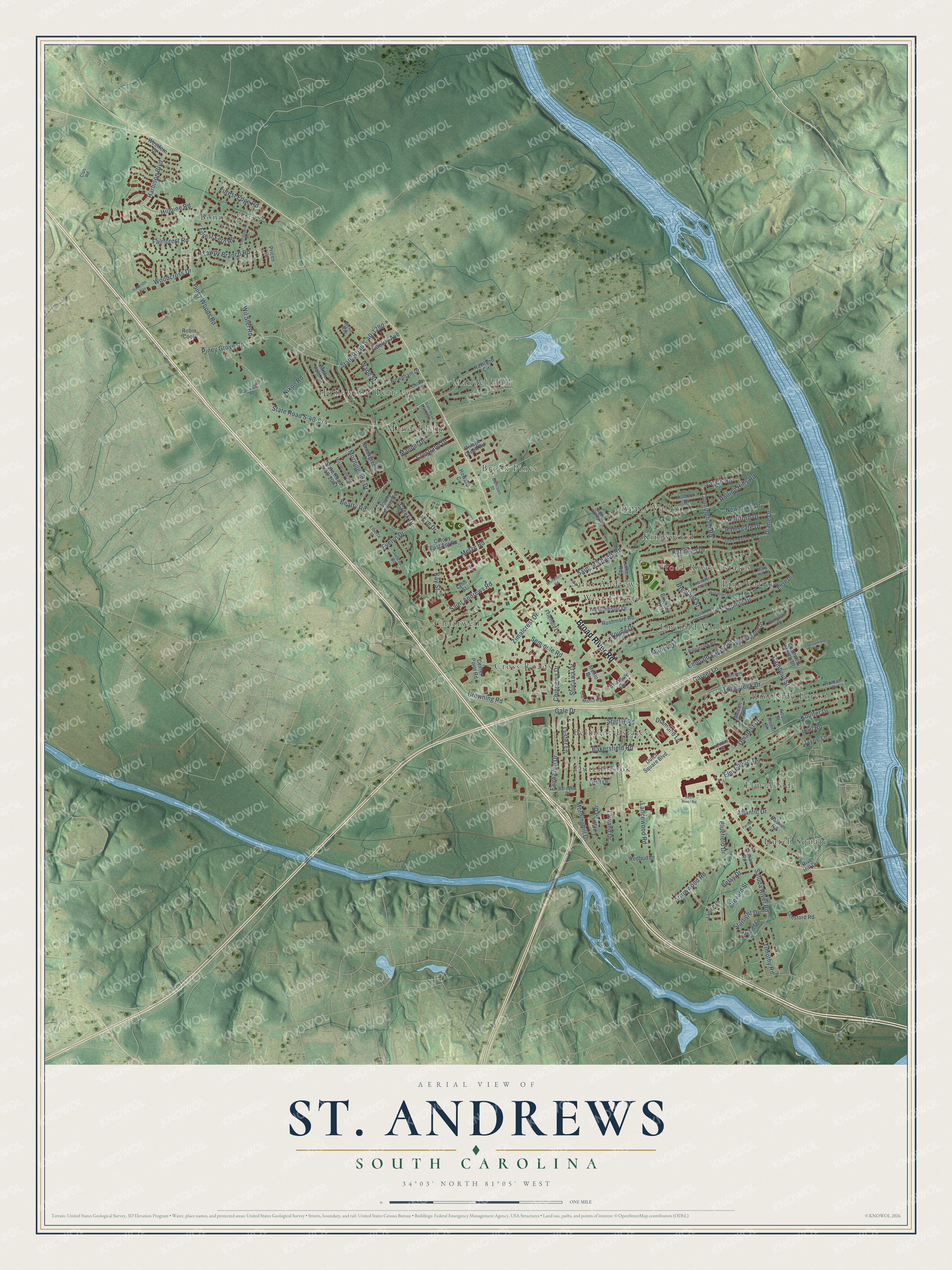 Full map of St. Andrews, South Carolina, with red buildings, printed street names and the land around them
