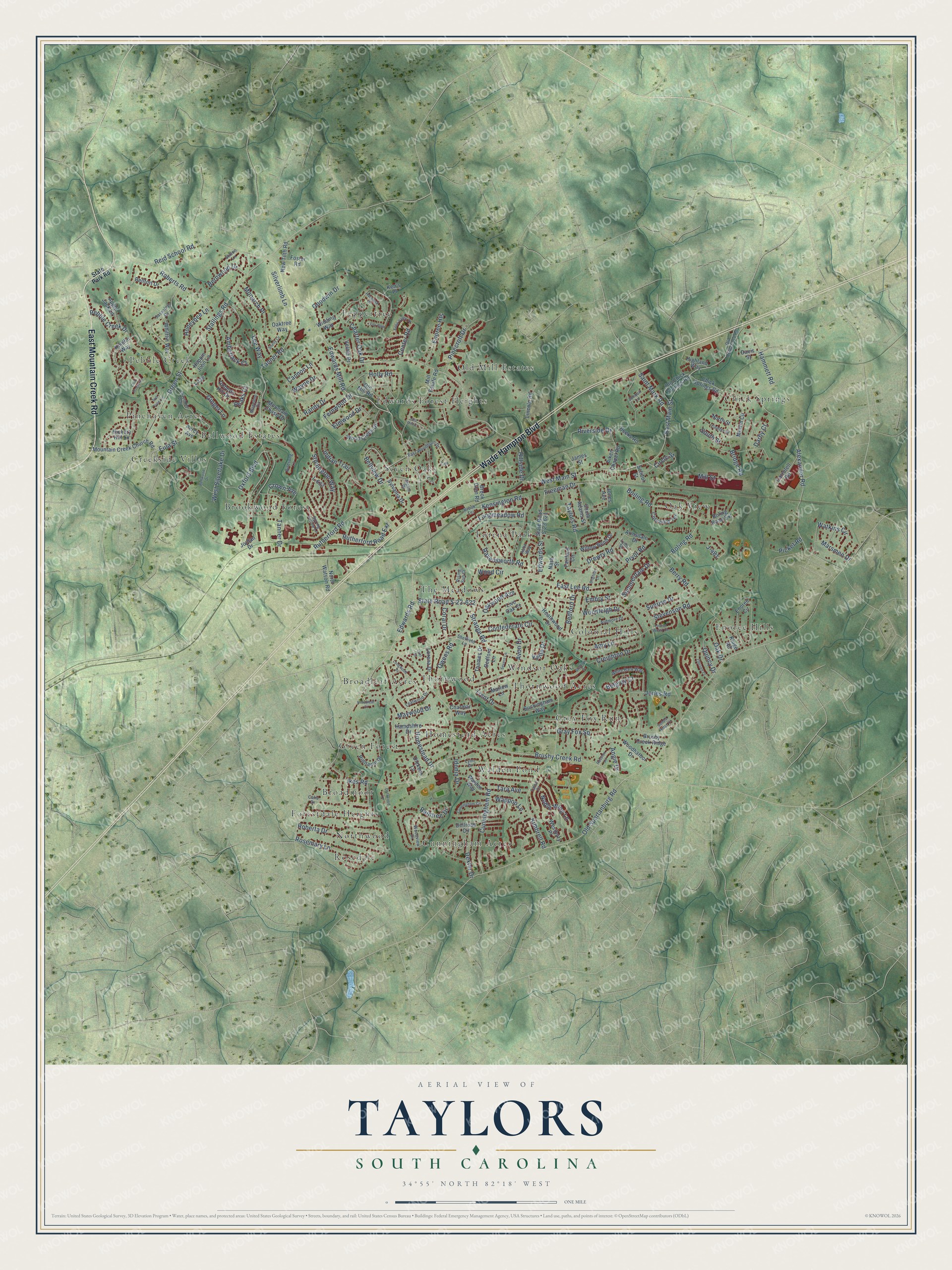 Full map of Taylors, South Carolina, with red buildings, printed street names and the land around them