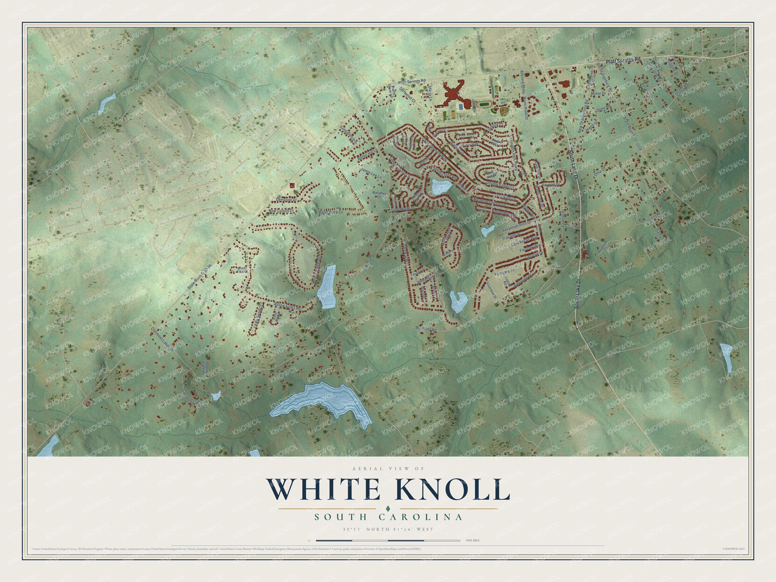 Full map of White Knoll, South Carolina, with red buildings, printed street names and the land around them