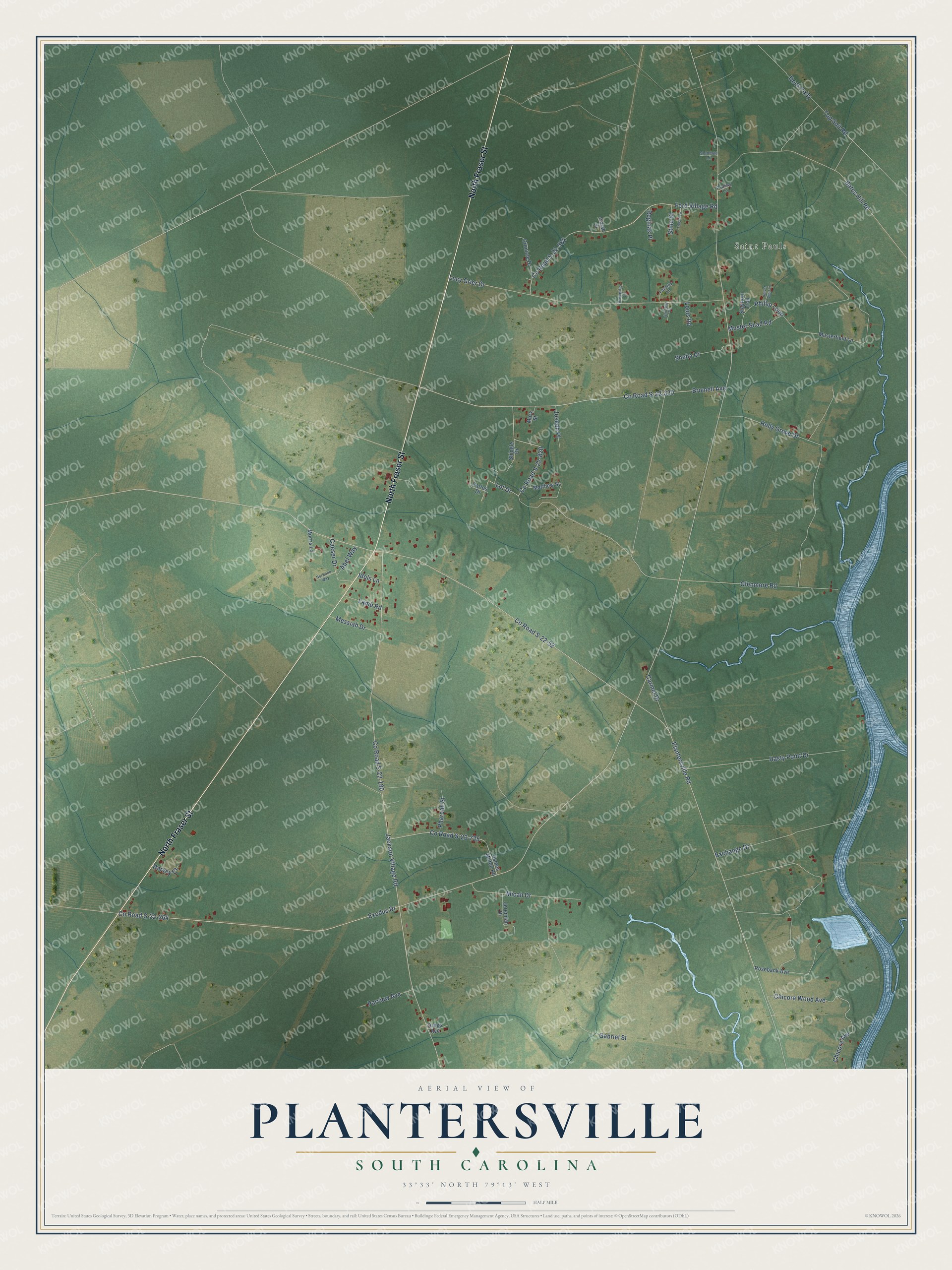 Full map of Plantersville, South Carolina, with red buildings, printed street names and the land around them