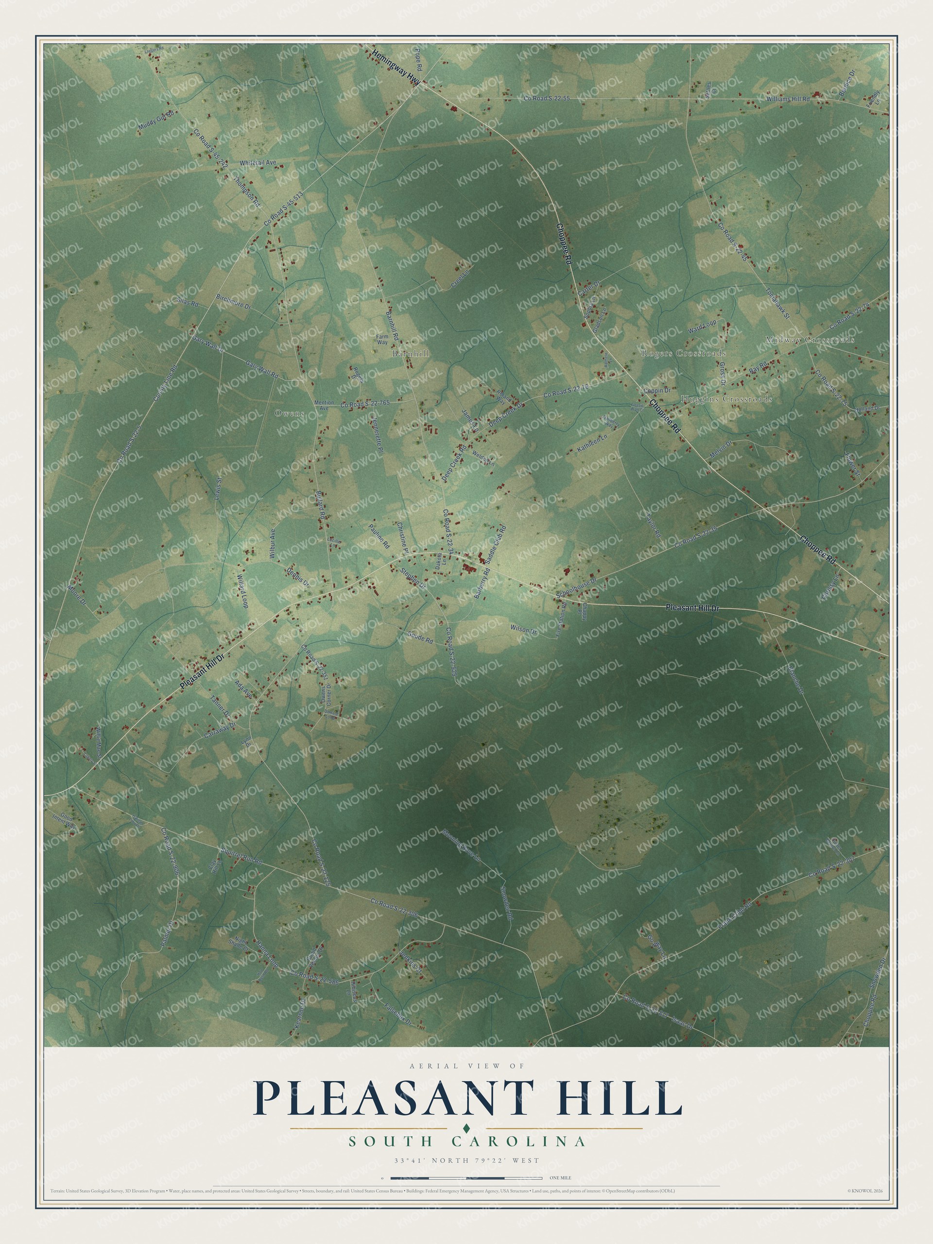 Full map of Pleasant Hill, South Carolina, with red buildings, printed street names and the land around them