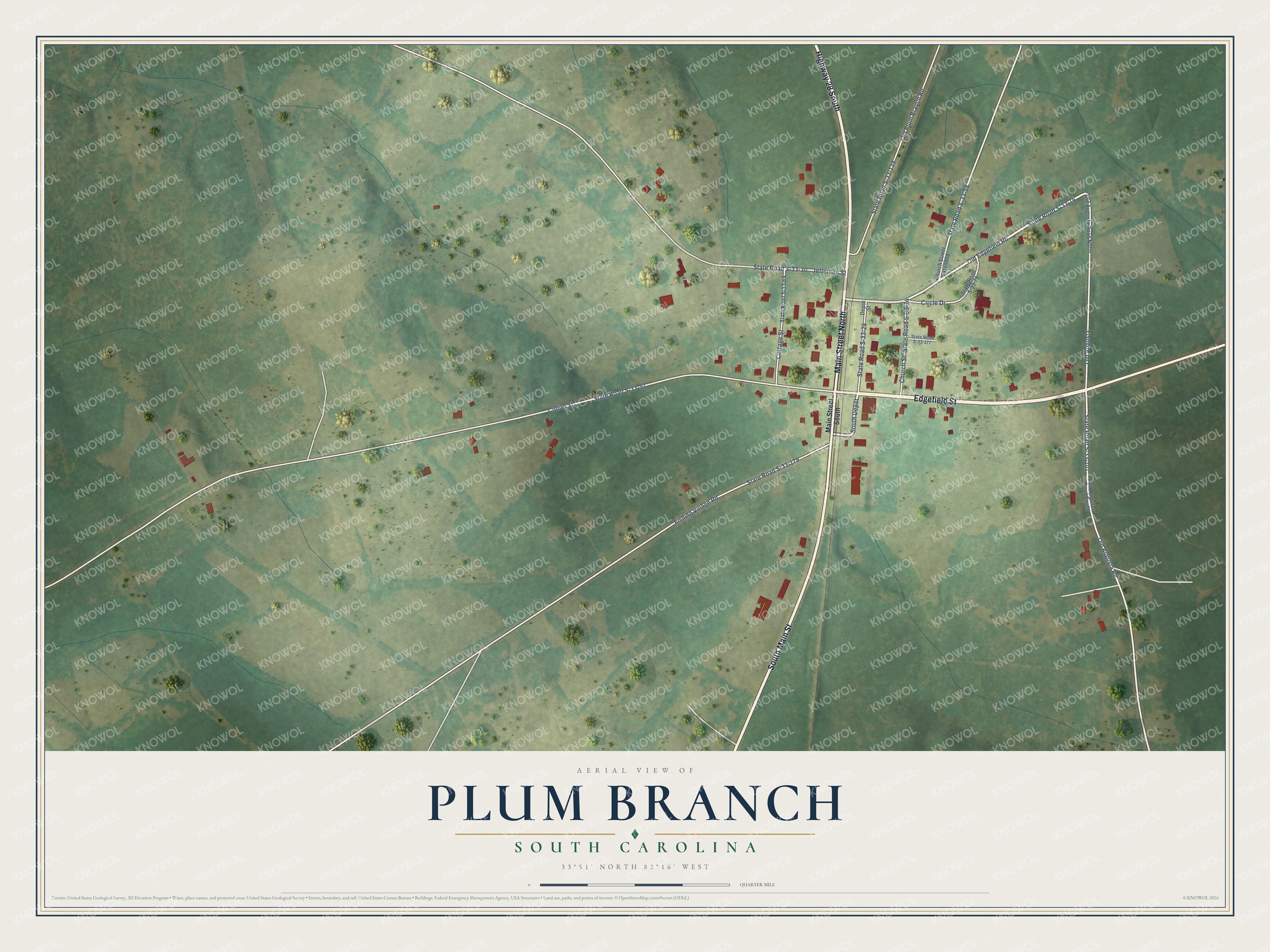 Full map of Plum Branch, South Carolina, with red buildings, printed street names and the land around them