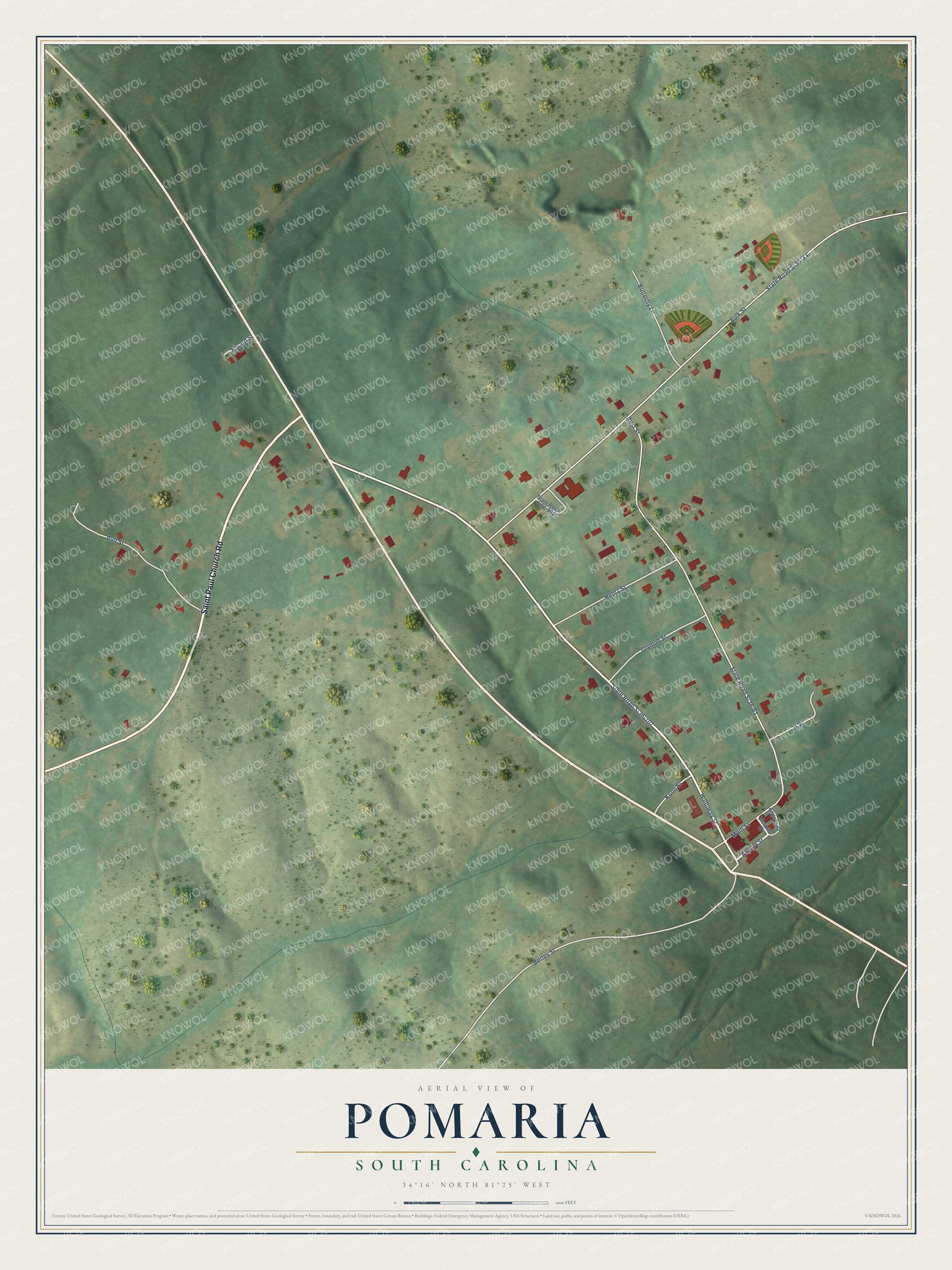 Full map of Pomaria, South Carolina, with red buildings, printed street names and the land around them