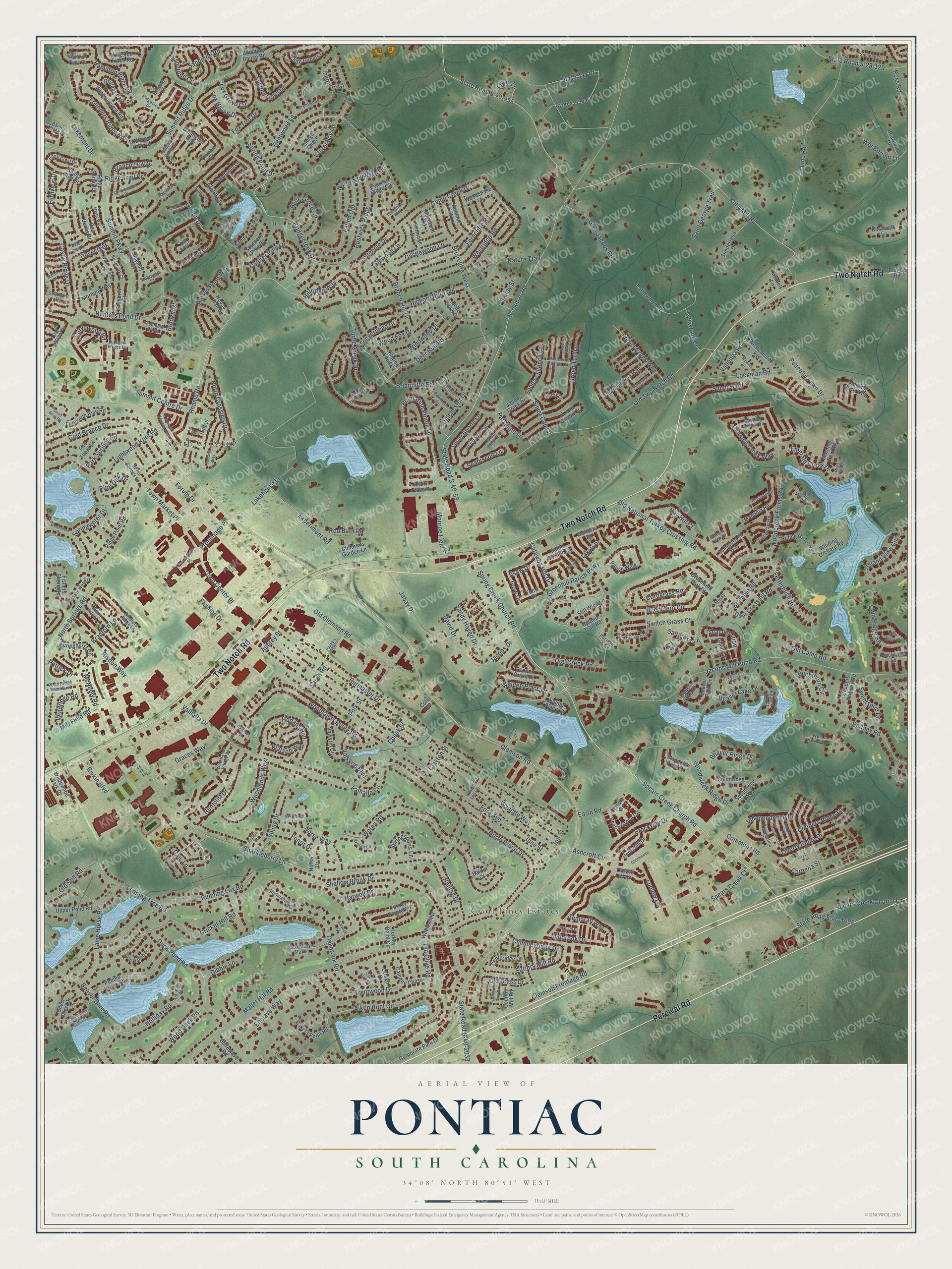 Full map of Pontiac, South Carolina, with red buildings, printed street names and the land around them