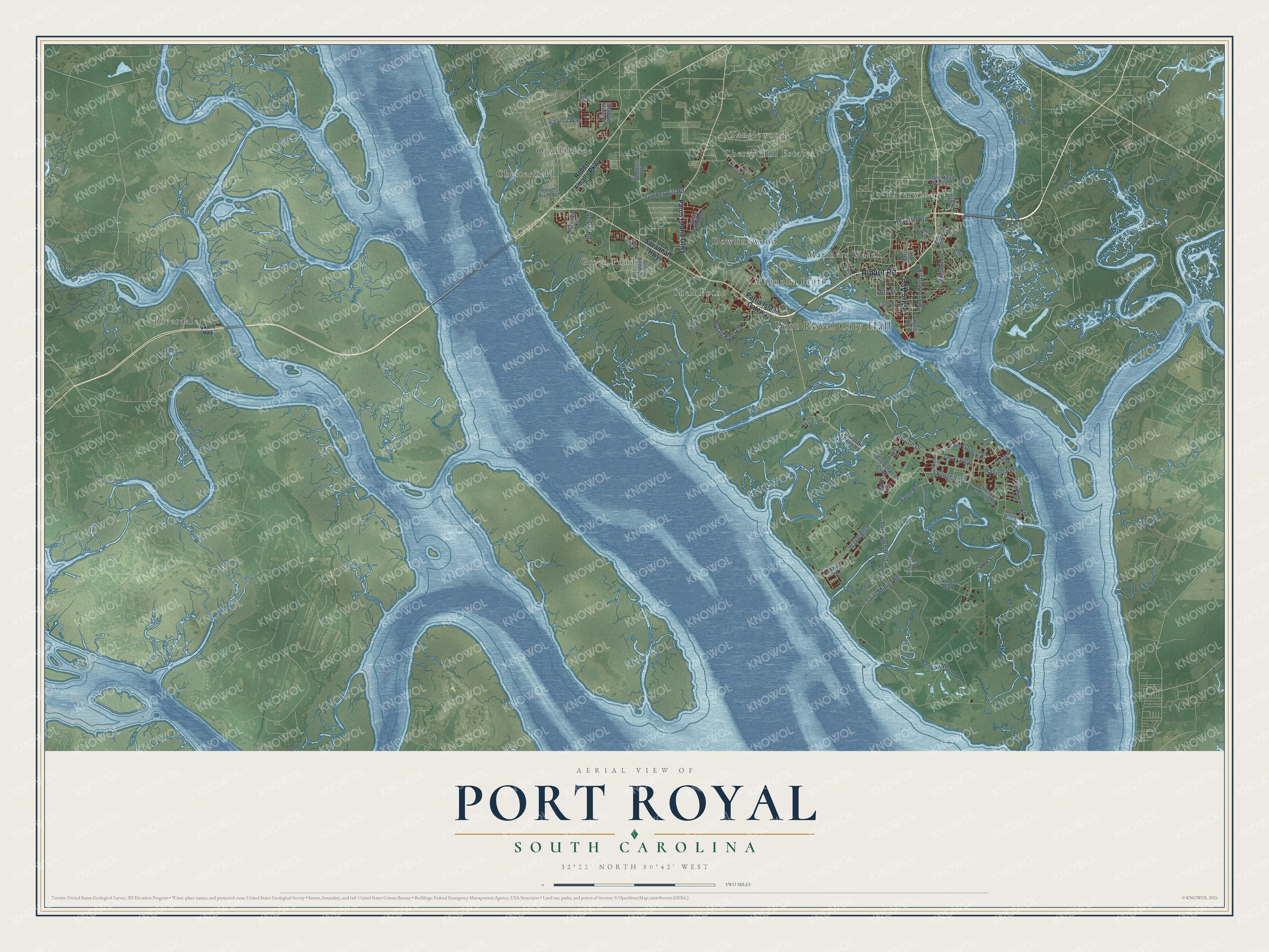 Full map of Port Royal, South Carolina, with red buildings, printed street names and the land around them