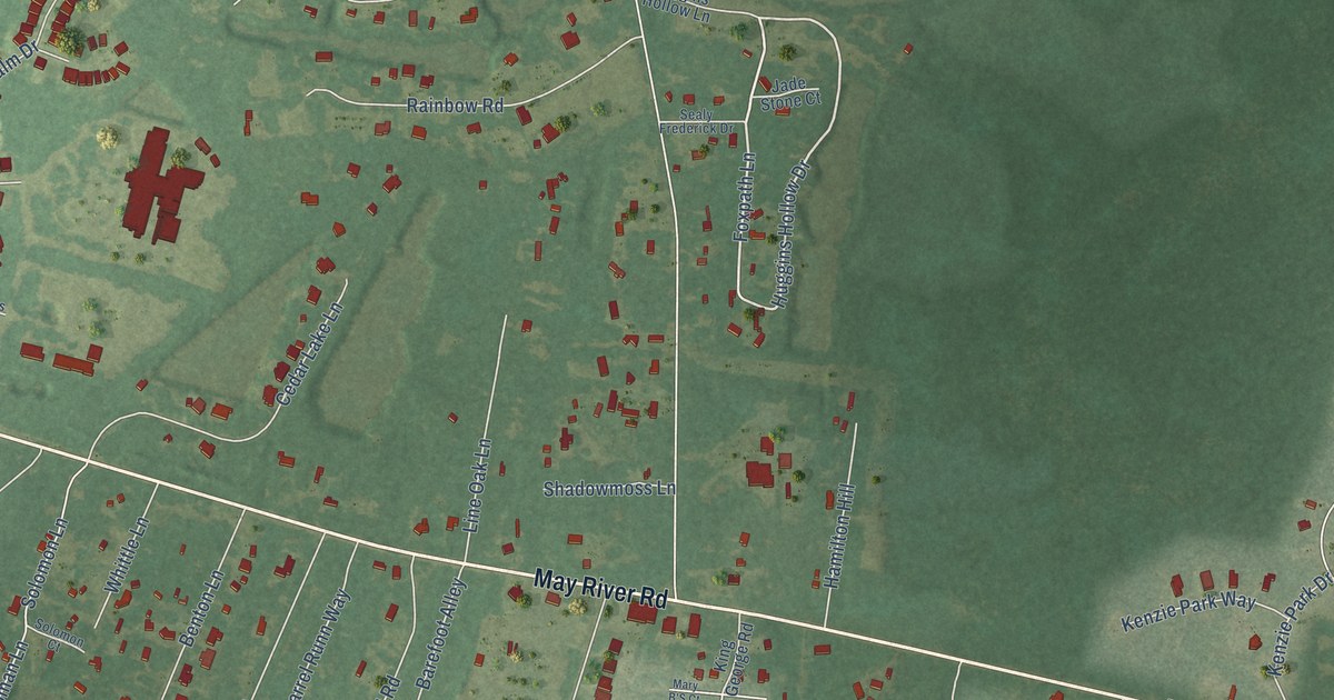 Close-up of streets and buildings in Pritchardville, South Carolina