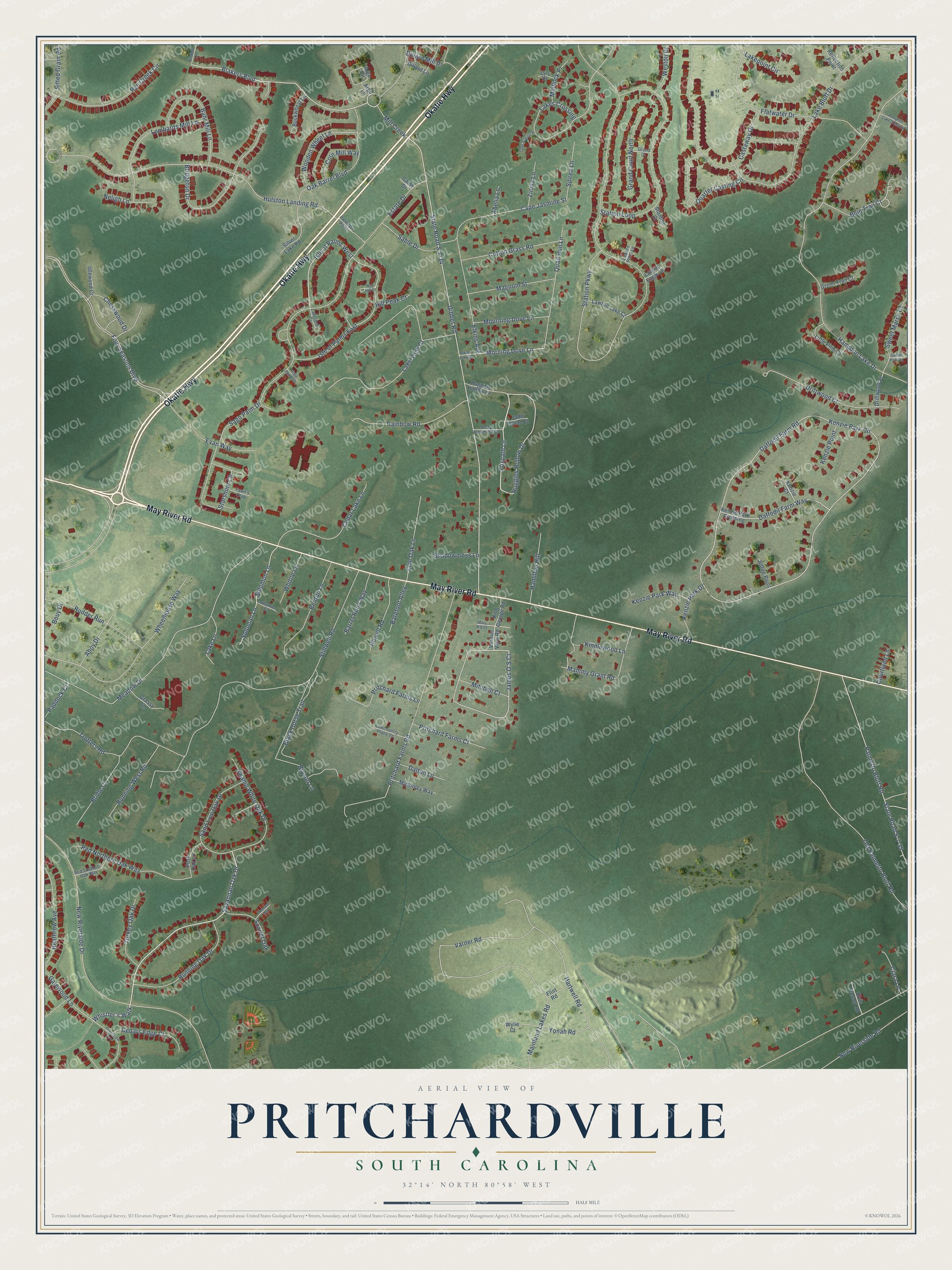 Full map of Pritchardville, South Carolina, with red buildings, printed street names and the land around them
