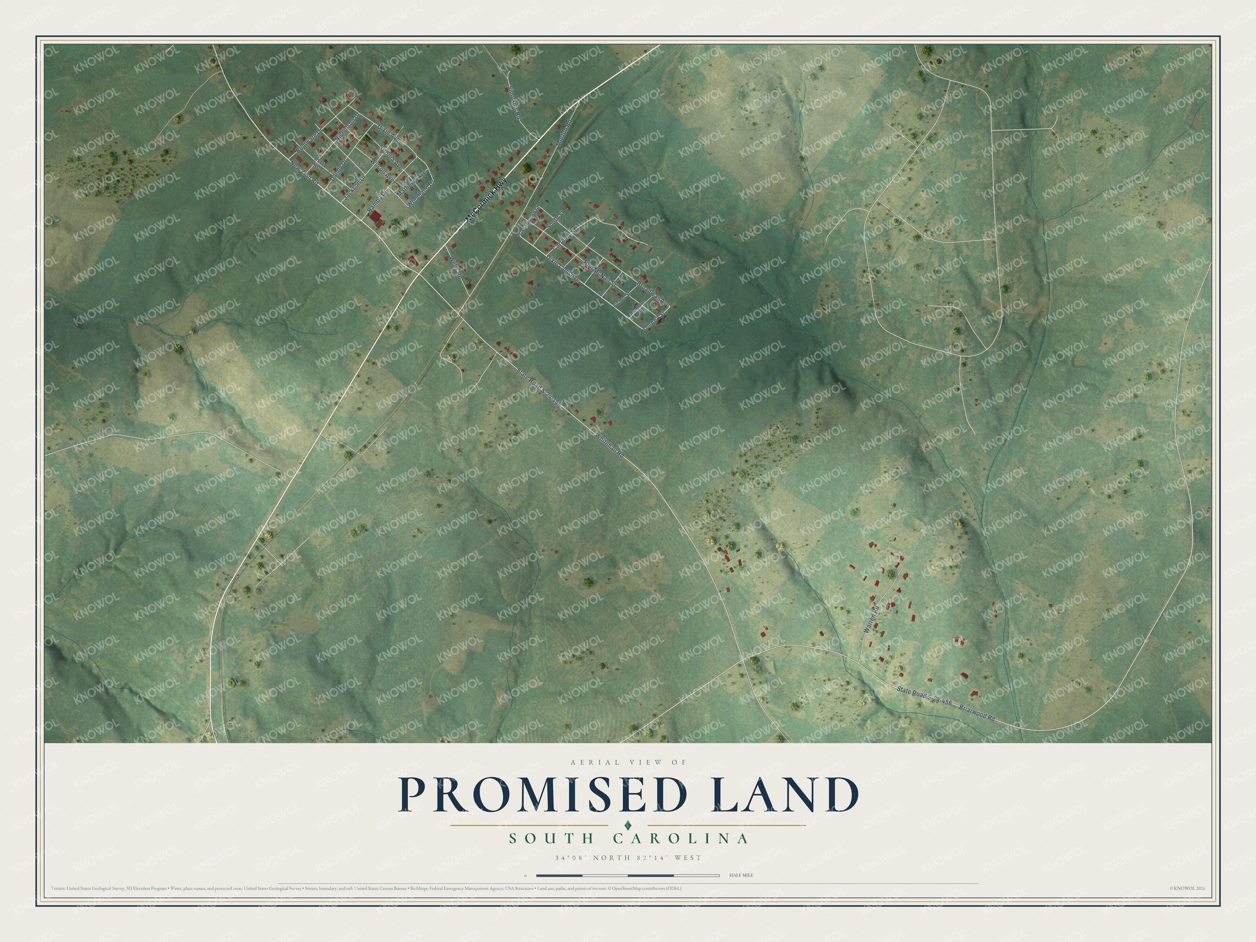 Full map of Promised Land, South Carolina, with red buildings, printed street names and the land around them