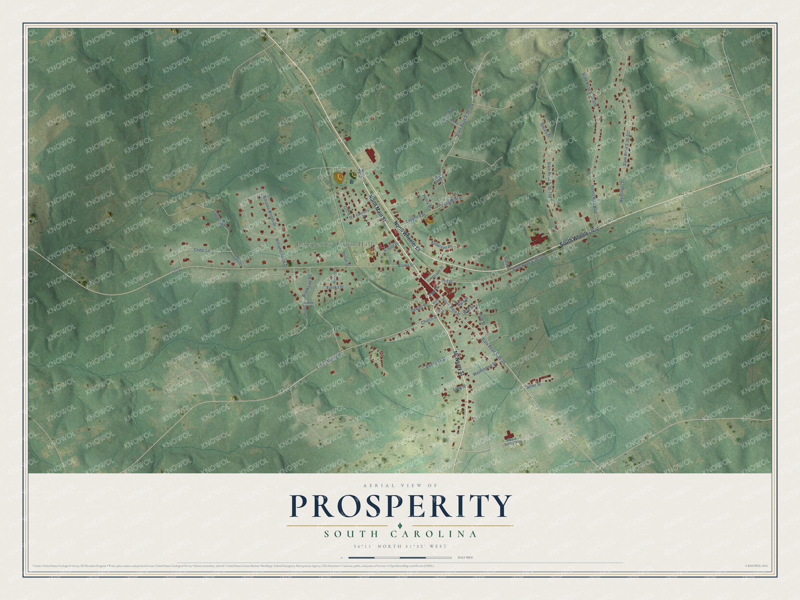 Full map of Prosperity, South Carolina, with red buildings, printed street names and the land around them