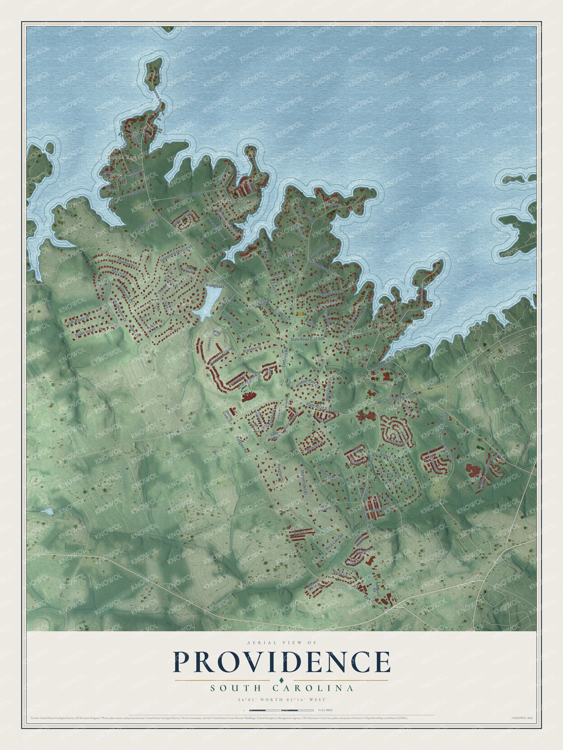 Full map of Providence, South Carolina, with red buildings, printed street names and the land around them