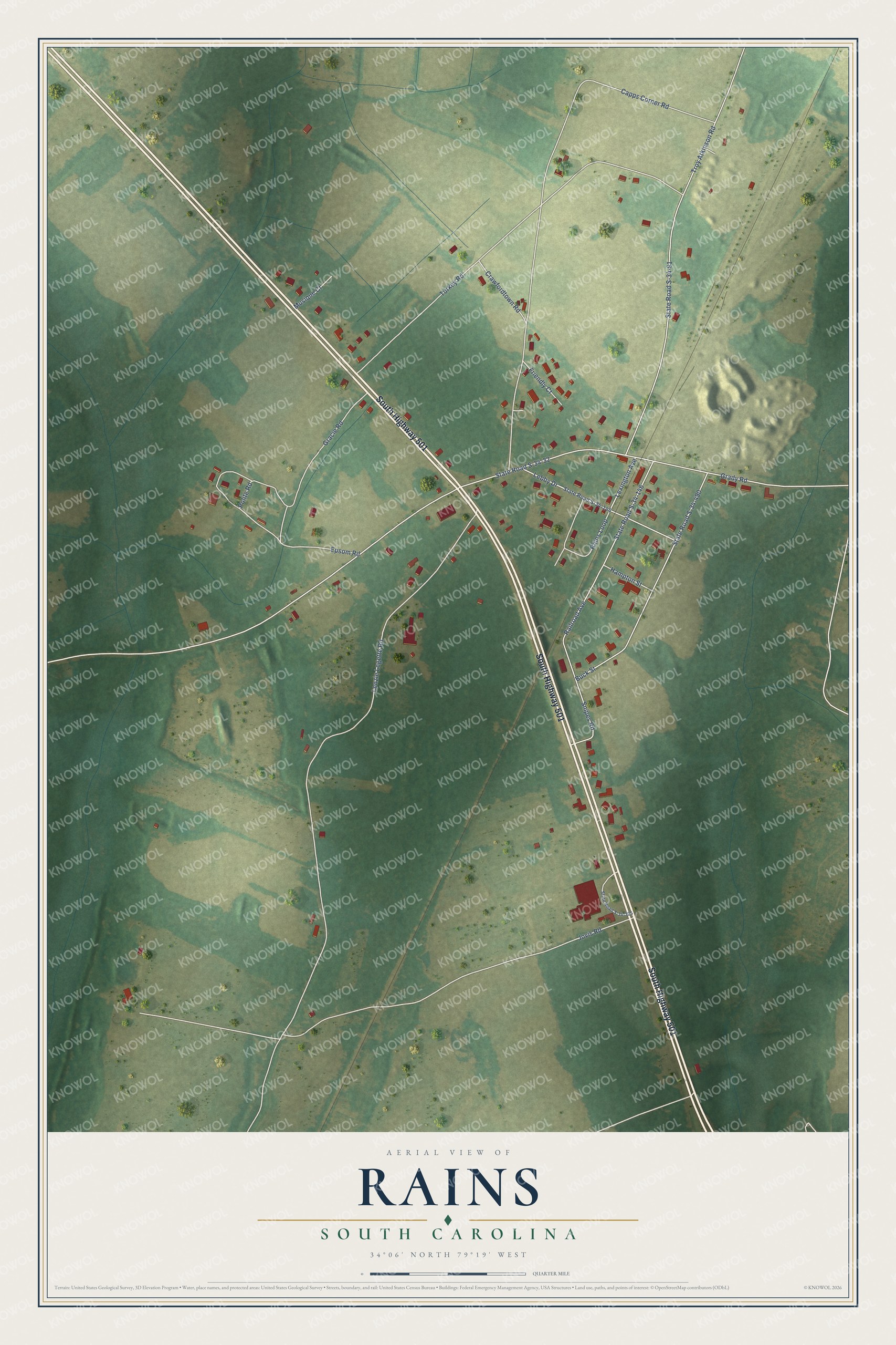 Full map of Rains, South Carolina, with red buildings, printed street names and the land around them