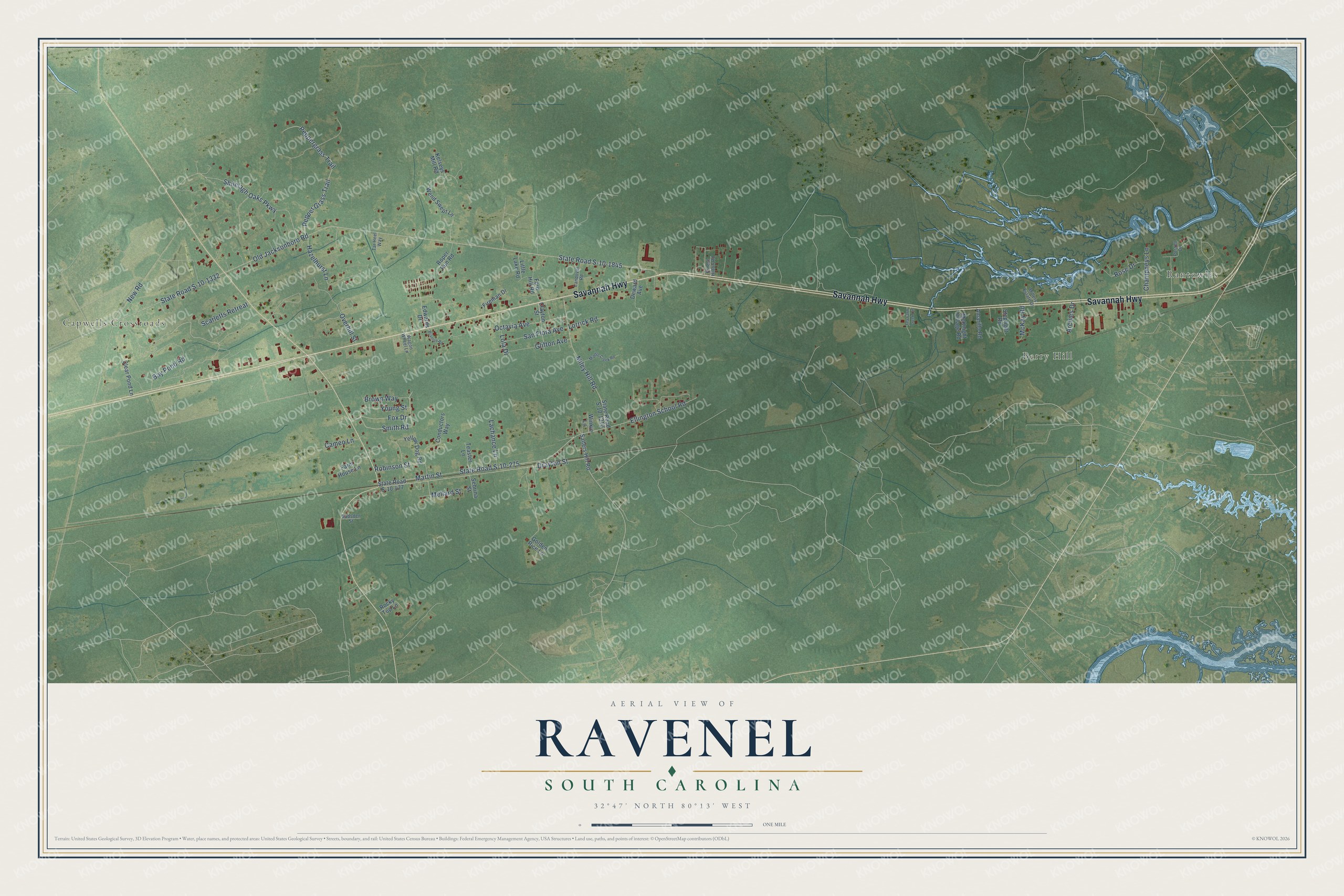 Full map of Ravenel, South Carolina, with red buildings, printed street names and the land around them