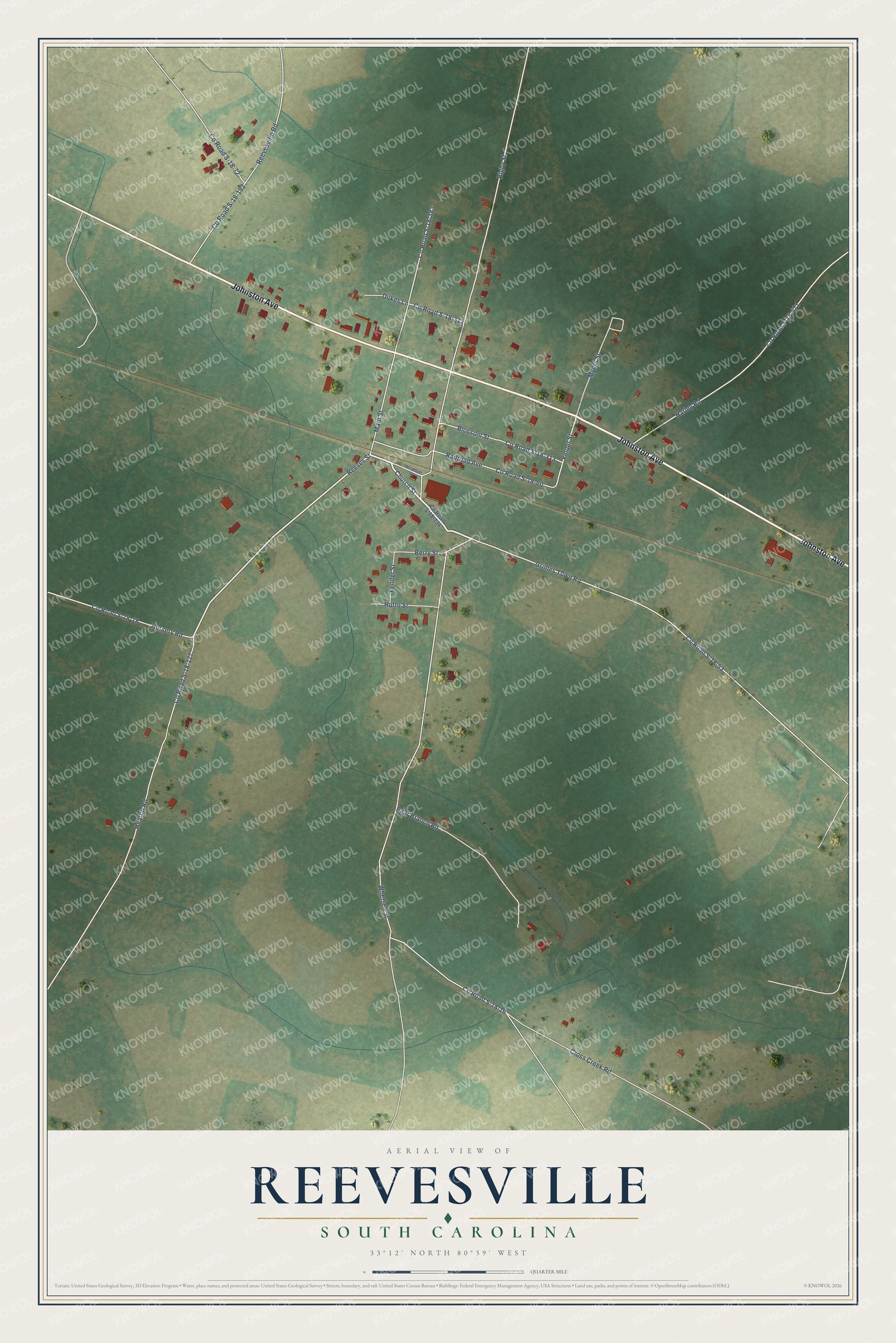 Full map of Reevesville, South Carolina, with red buildings, printed street names and the land around them