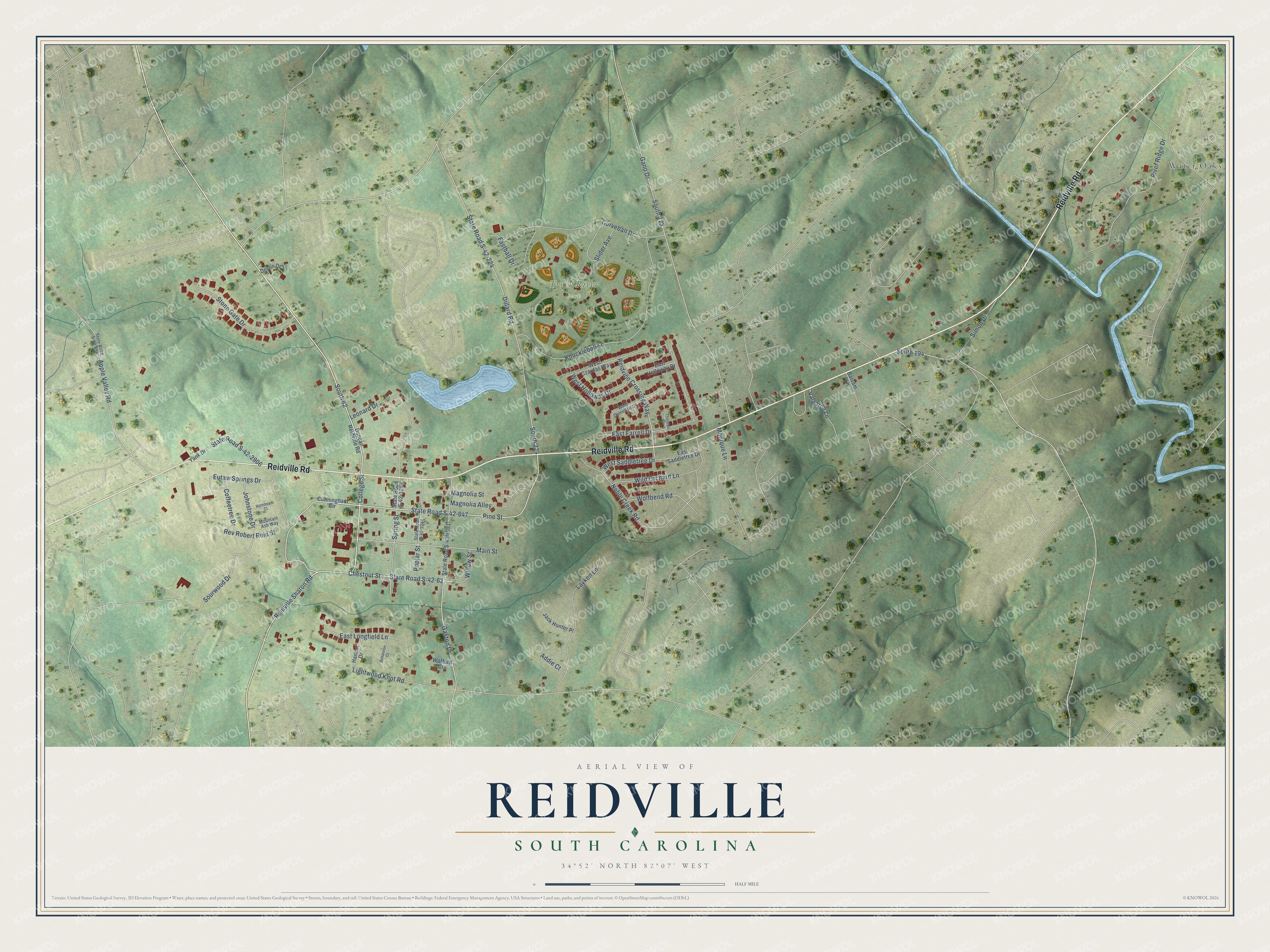Full map of Reidville, South Carolina, with red buildings, printed street names and the land around them
