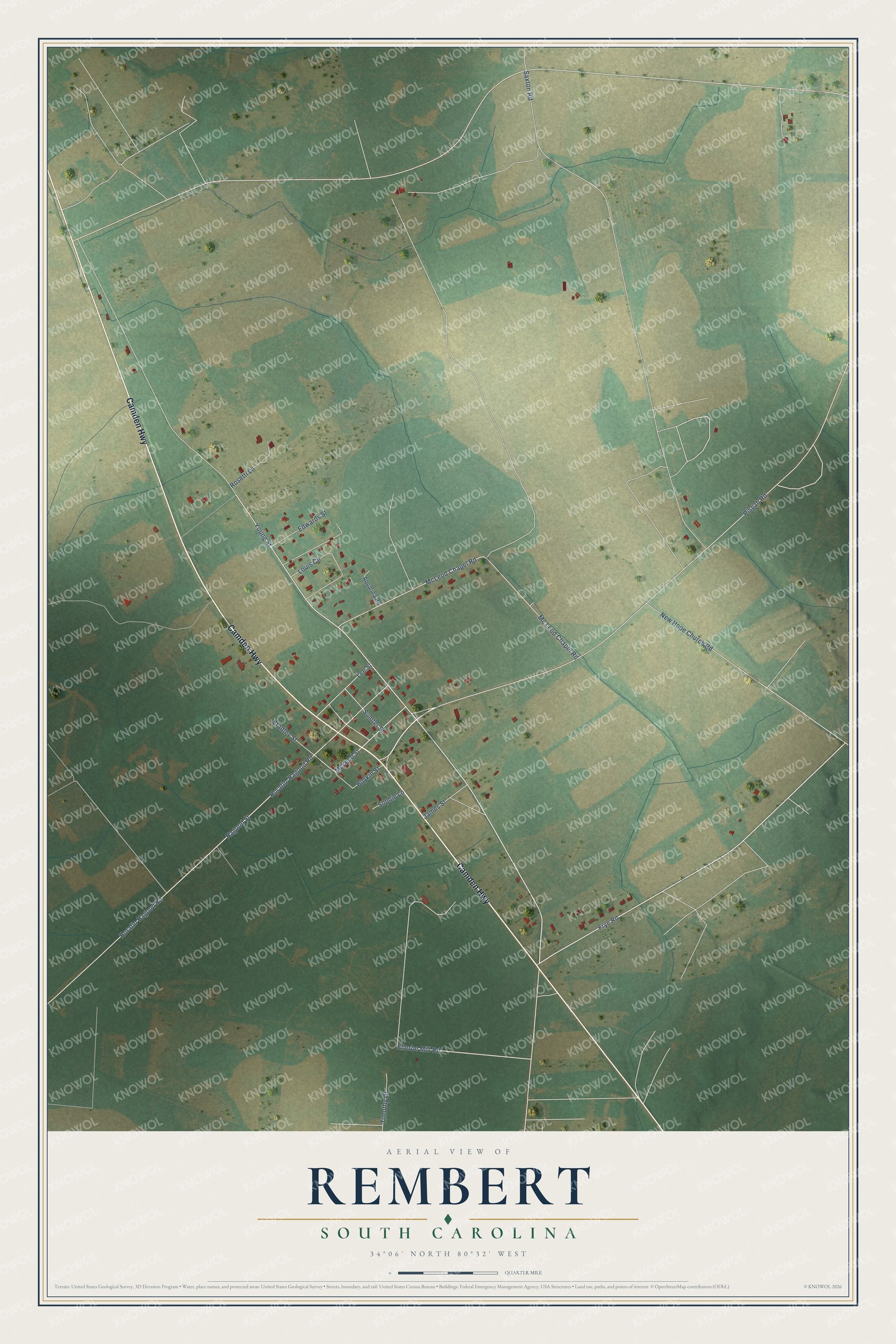 Full map of Rembert, South Carolina, with red buildings, printed street names and the land around them