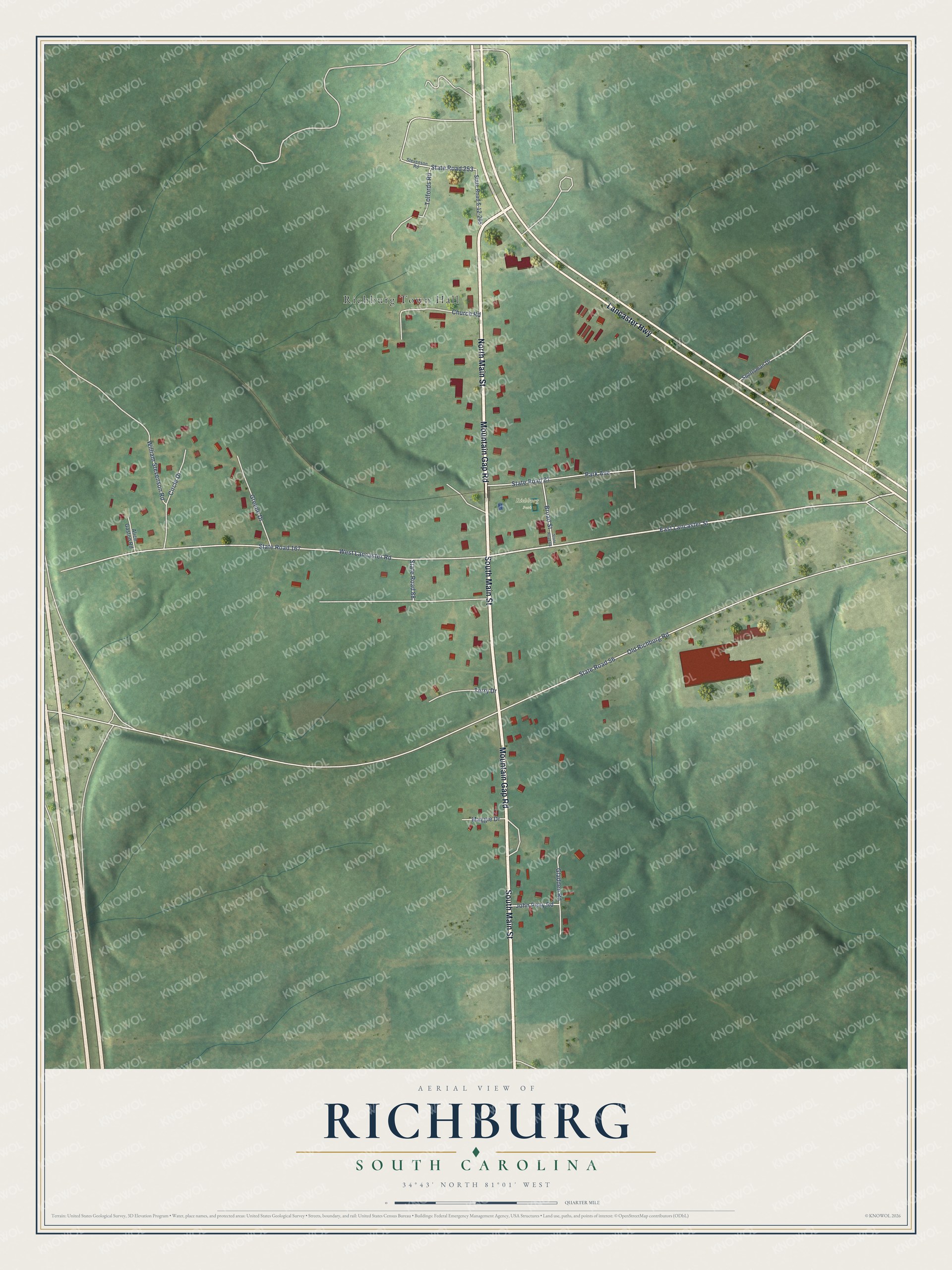 Full map of Richburg, South Carolina, with red buildings, printed street names and the land around them