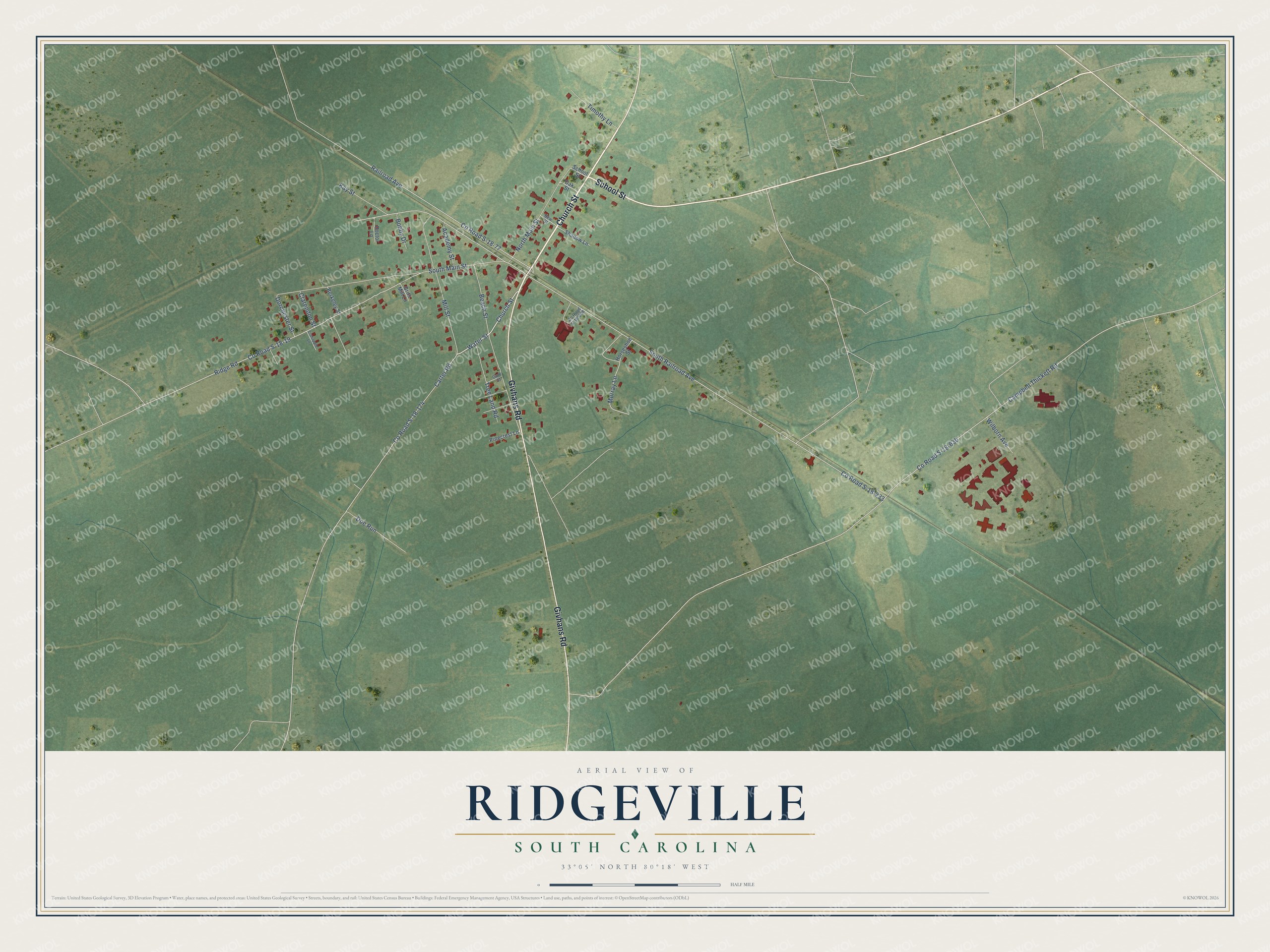 Full map of Ridgeville, South Carolina, with red buildings, printed street names and the land around them