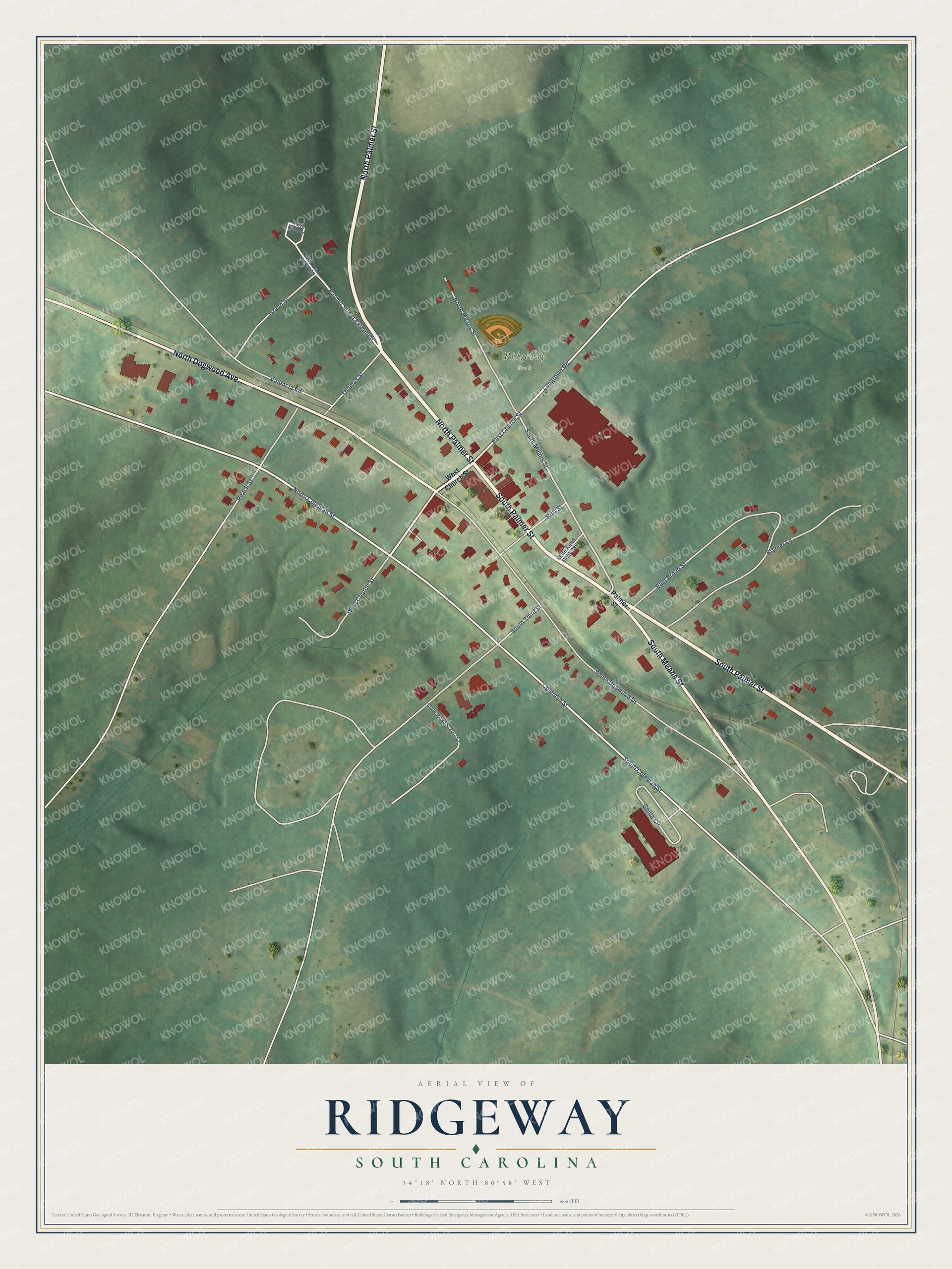 Full map of Ridgeway, South Carolina, with red buildings, printed street names and the land around them