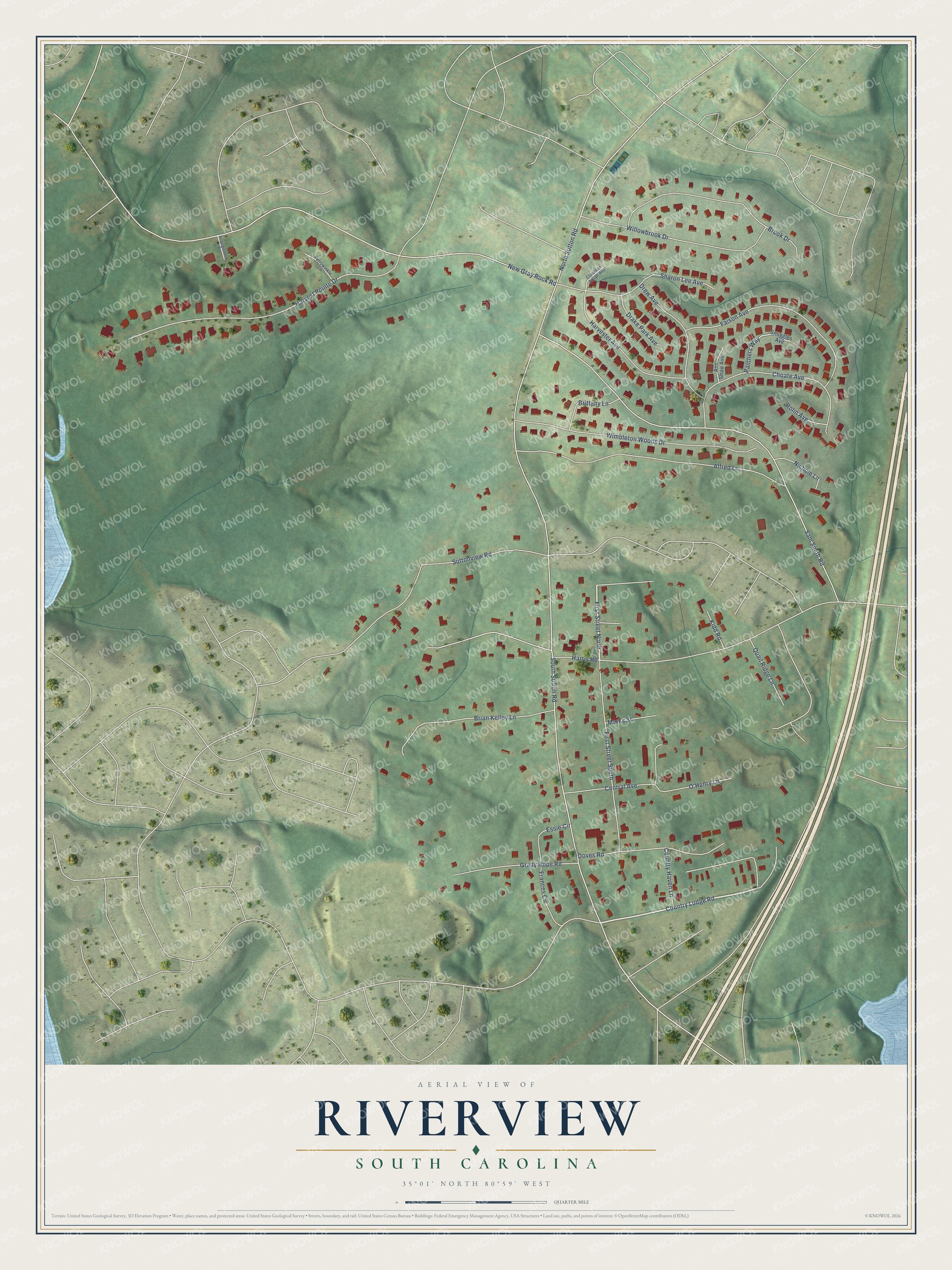 Full map of Riverview, South Carolina, with red buildings, printed street names and the land around them