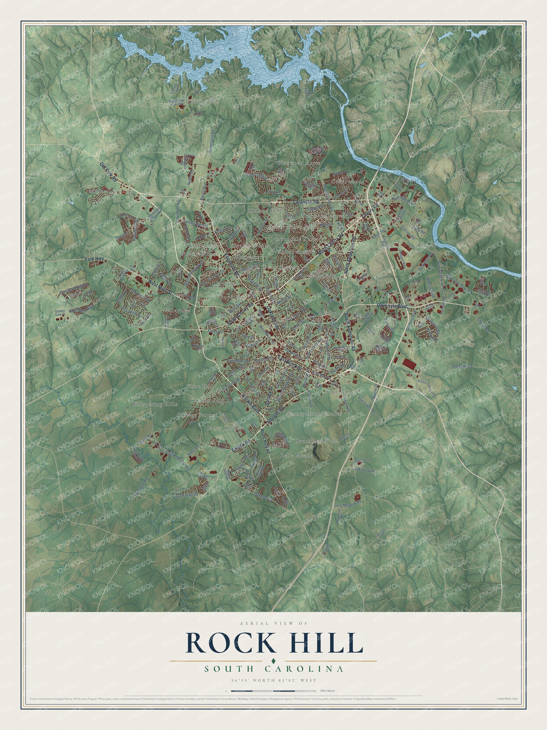 Full map of Rock Hill, South Carolina, with red buildings, printed street names and the land around them