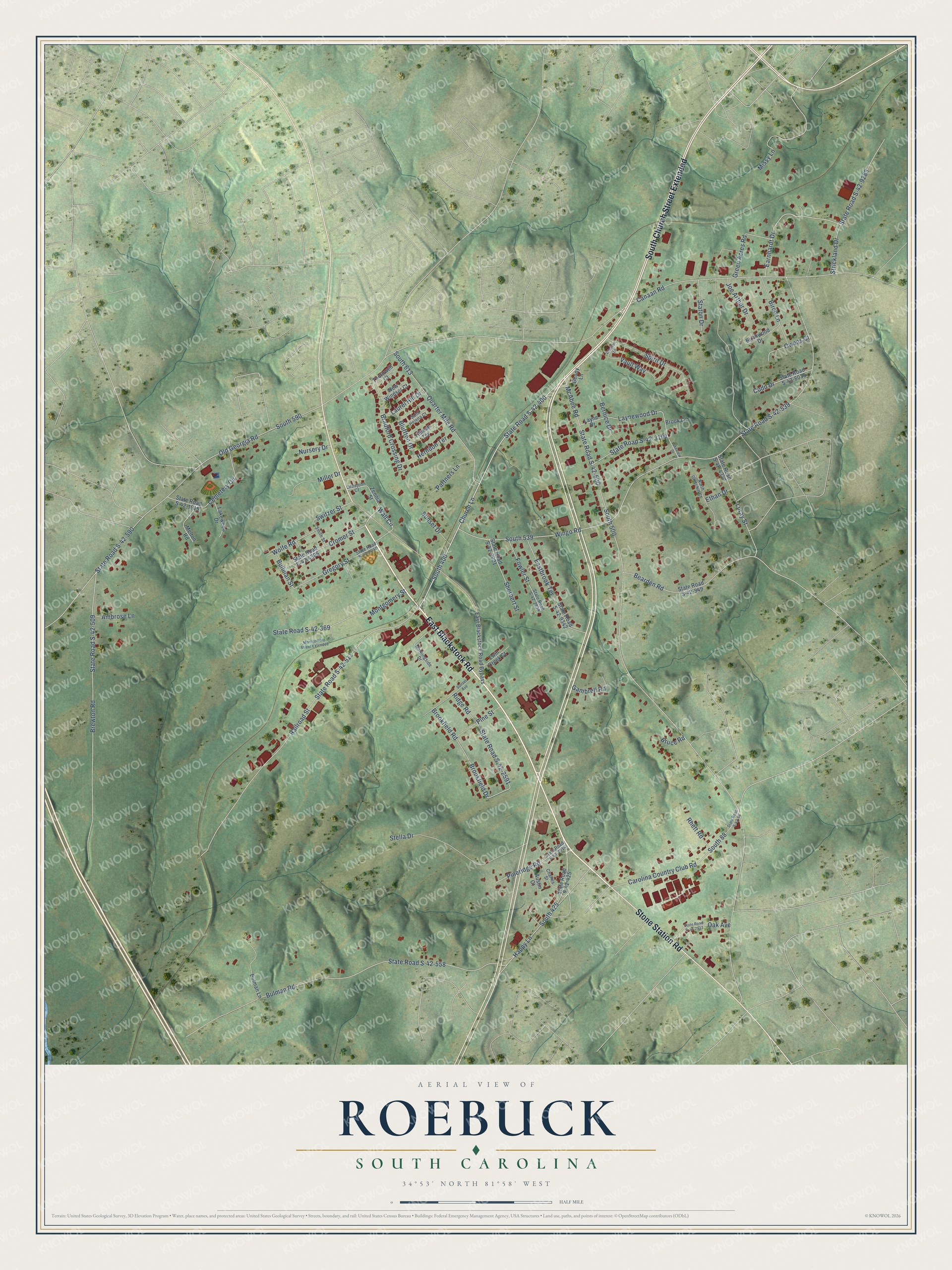Full map of Roebuck, South Carolina, with red buildings, printed street names and the land around them