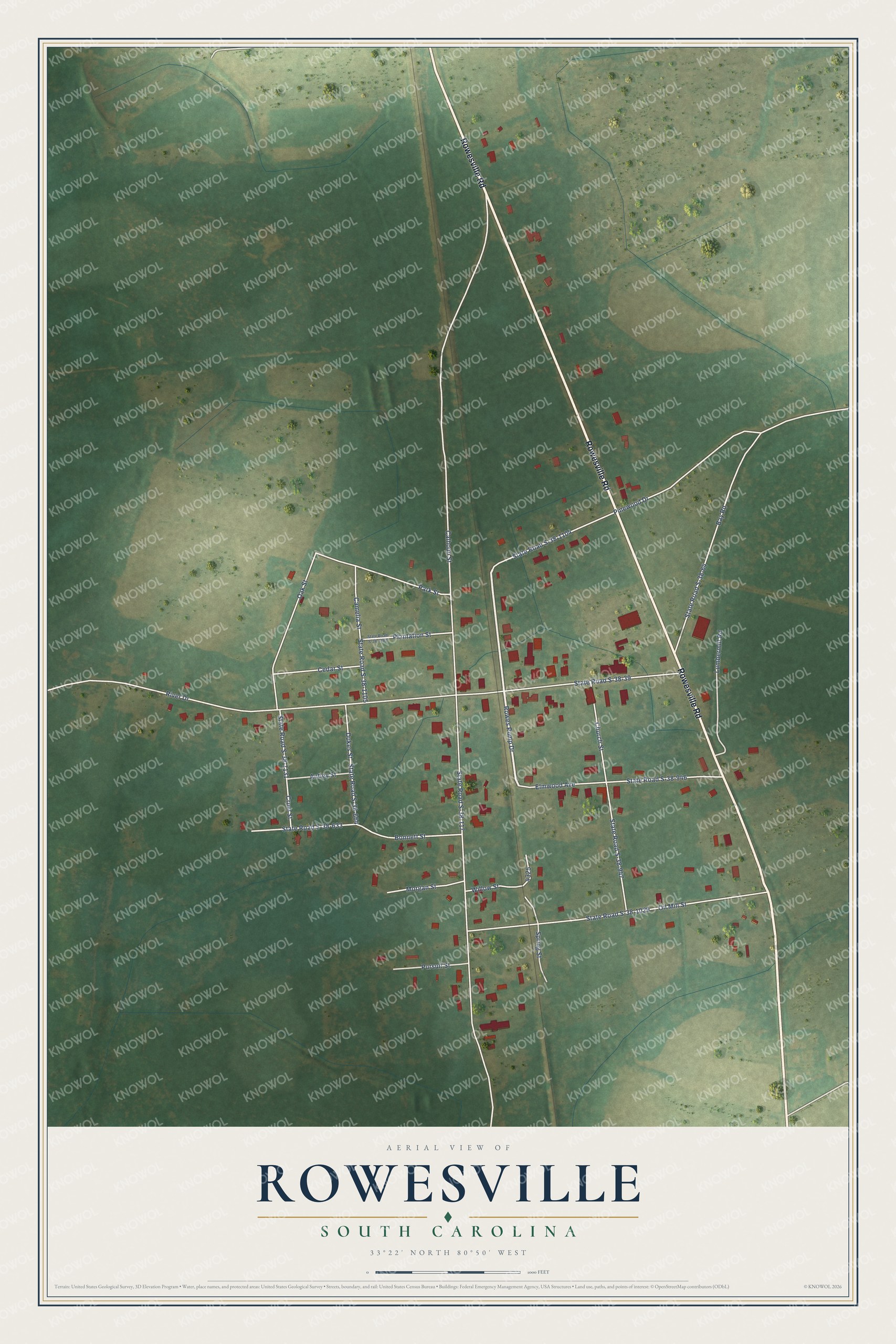 Full map of Rowesville, South Carolina, with red buildings, printed street names and the land around them