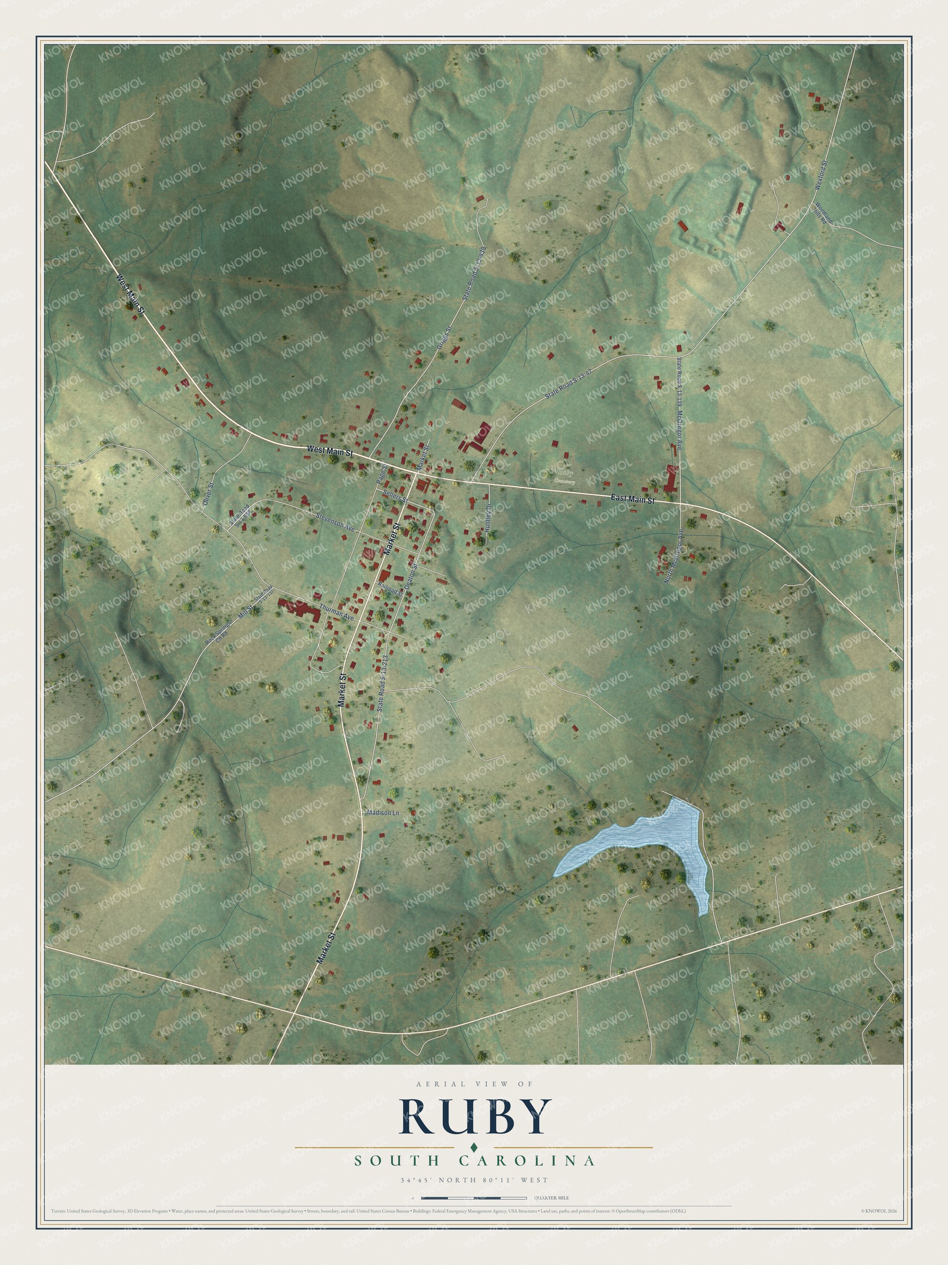 Full map of Ruby, South Carolina, with red buildings, printed street names and the land around them